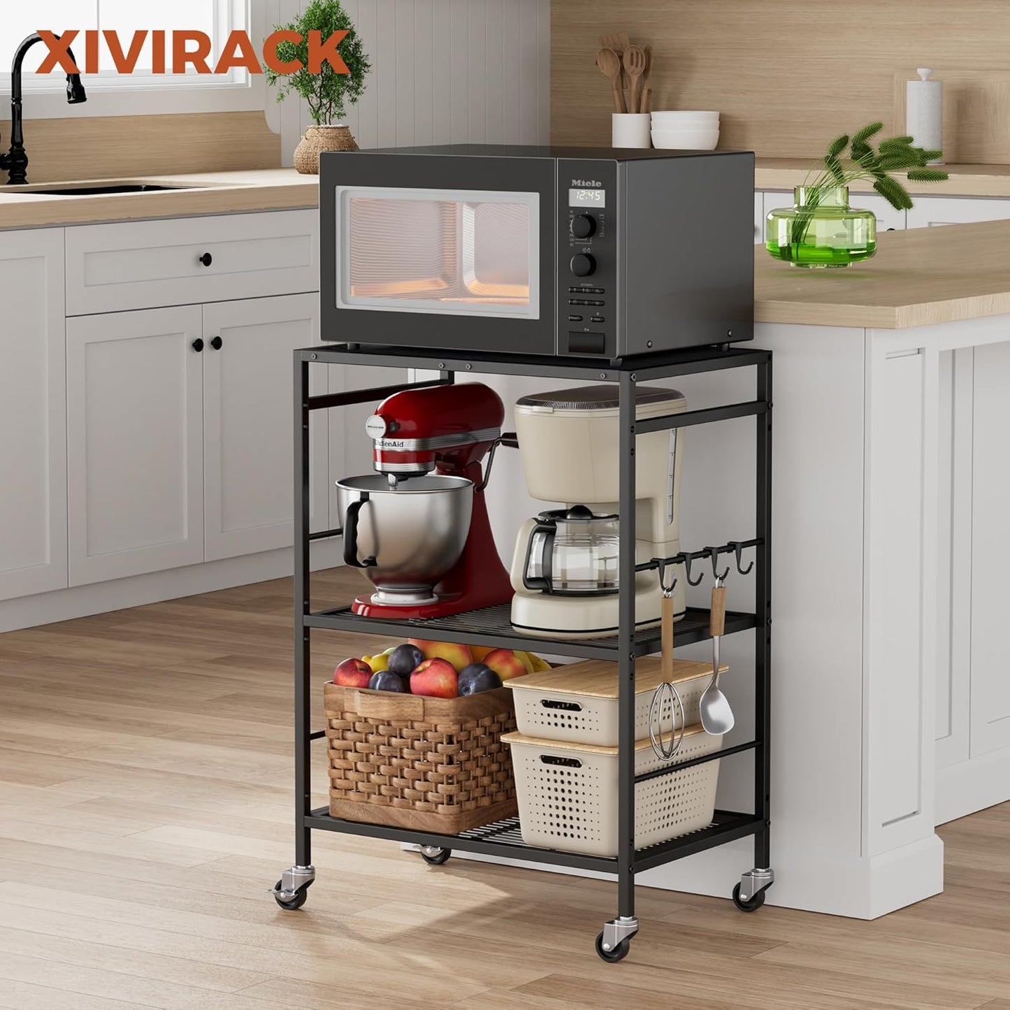 3-Tier Kitchen Cart with Adjustable Shelves - Microwave Storage Cart & Utility Rolling Organizer, Industrial Wheels for Small Spaces, 15.7"x23.6"x33.7" Black Panel and Black Frame