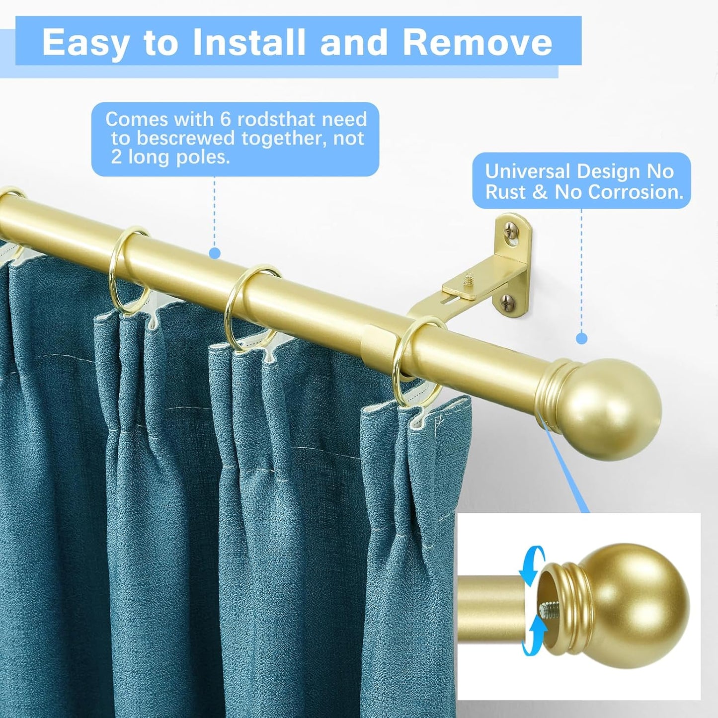 Curtain Rods for Windows 16 to 92 Inches, Curtain Rod Max Adjustable Length of 104 IN, 6/8" Diameter Drapery Rods Round Finials, Warm Gold, Pack of 1