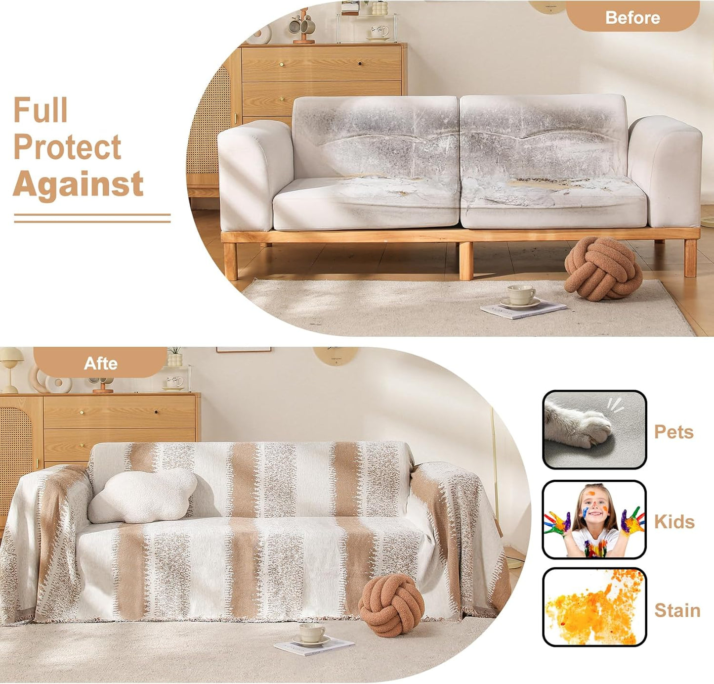 Boho Sofa Cover, Couch Covers for 3 Cushion Couch Sofa Pet Friendly, Sofa Cover Washable, Soft Chenille Living Room Couch Covers Slipcover, Pet Furniture Protecto(1# Khaki, 71" x 134")