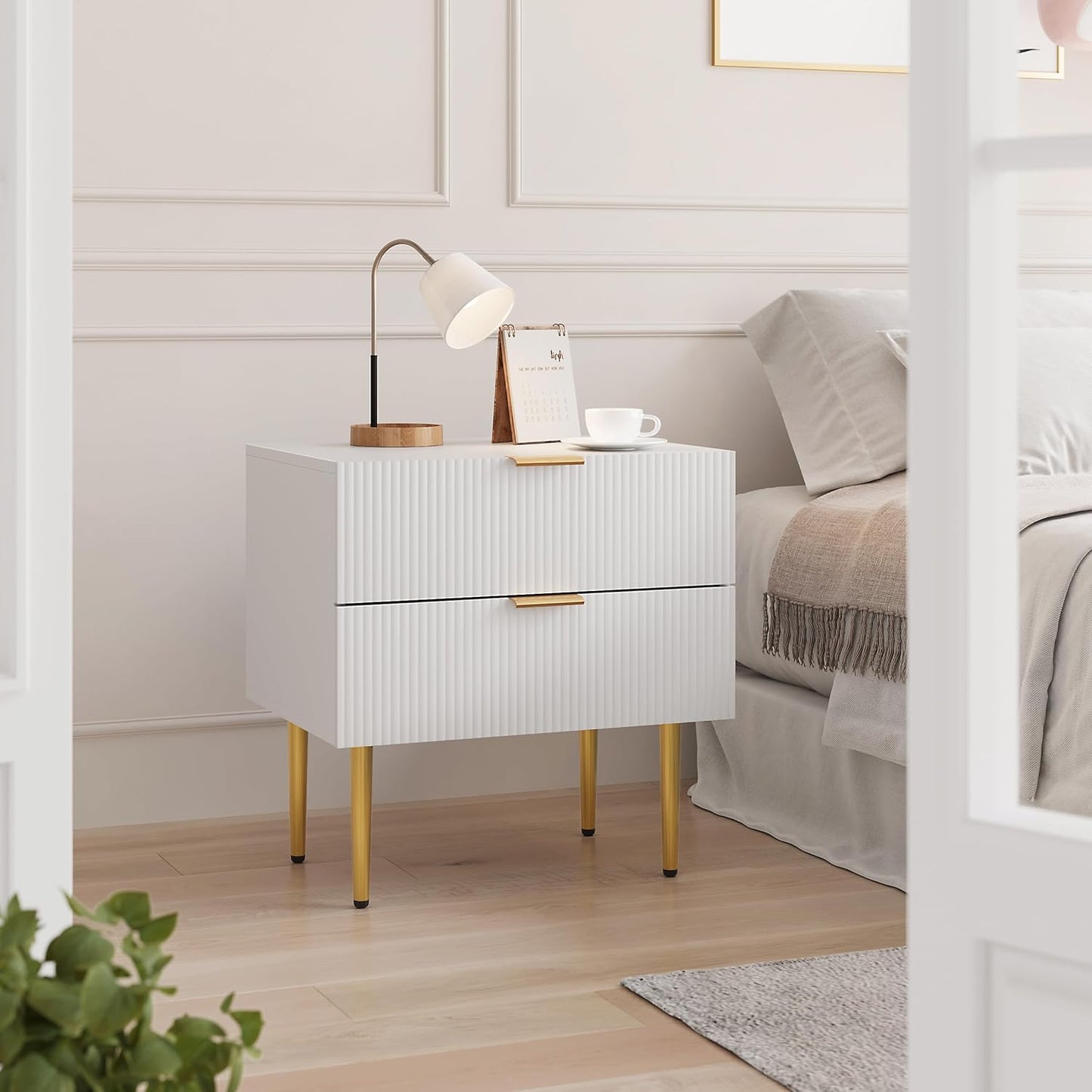 Set of 2 Nightstand, White Mid Century Modern Night Stand with Fluted Panel, Bedside Table with 2 Drawer, Large NightStand with Gold Leg for Bedroom