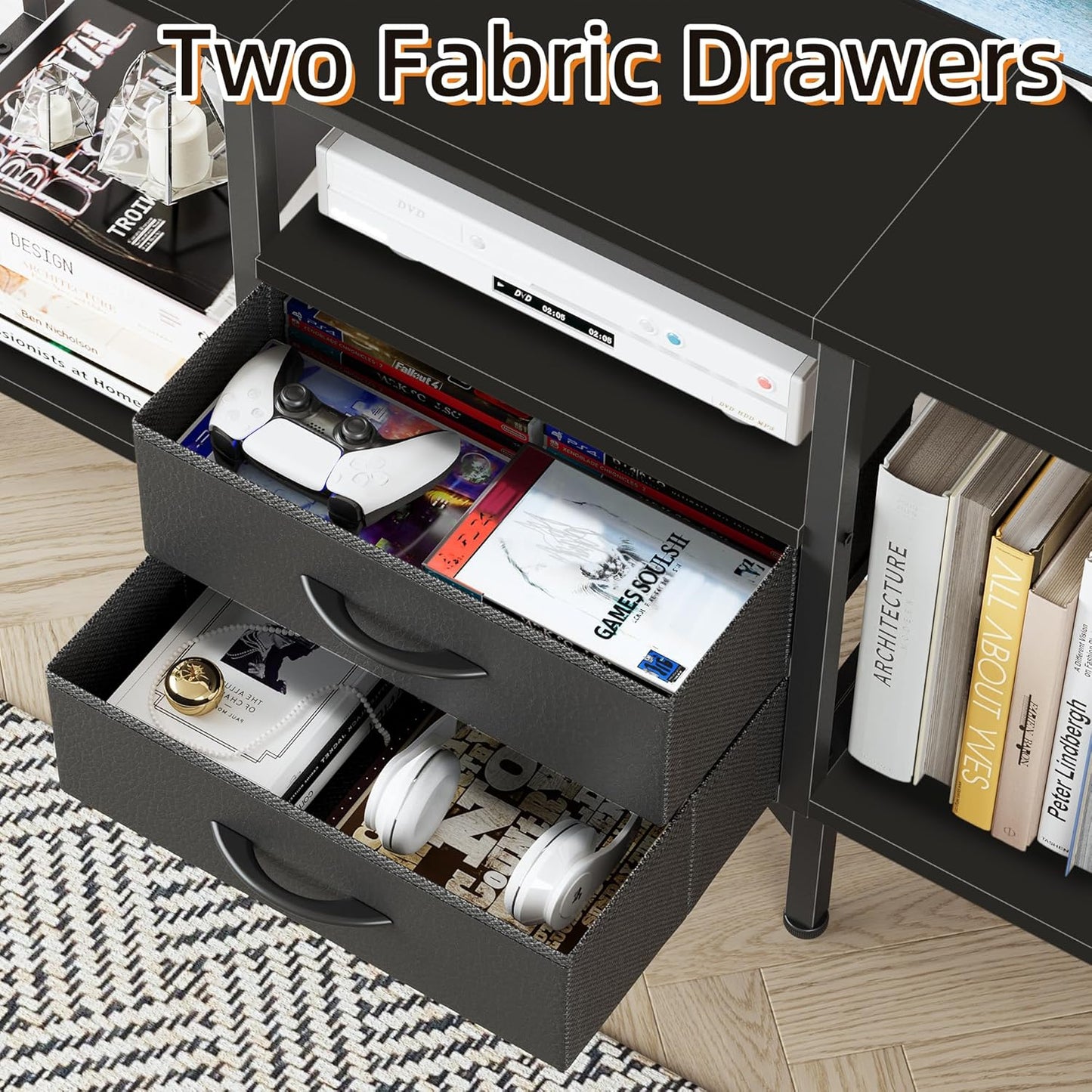 Small TV Stand with Fabric Drawers/LED Light for 55 inch TV, Entertainment Center with Storage Open Shelves，Media Console Table for Living Room, Bedroom, Black