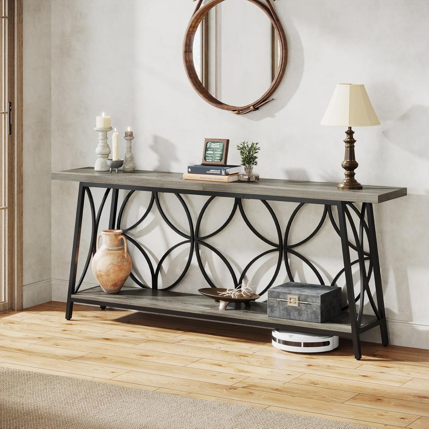 70.9-Inch Sofa Table, 2-Tier Narrow Console Table with Storage for Entryway, Living Room, Hallway, Foryer, Geometric Pattern Design (Grey)