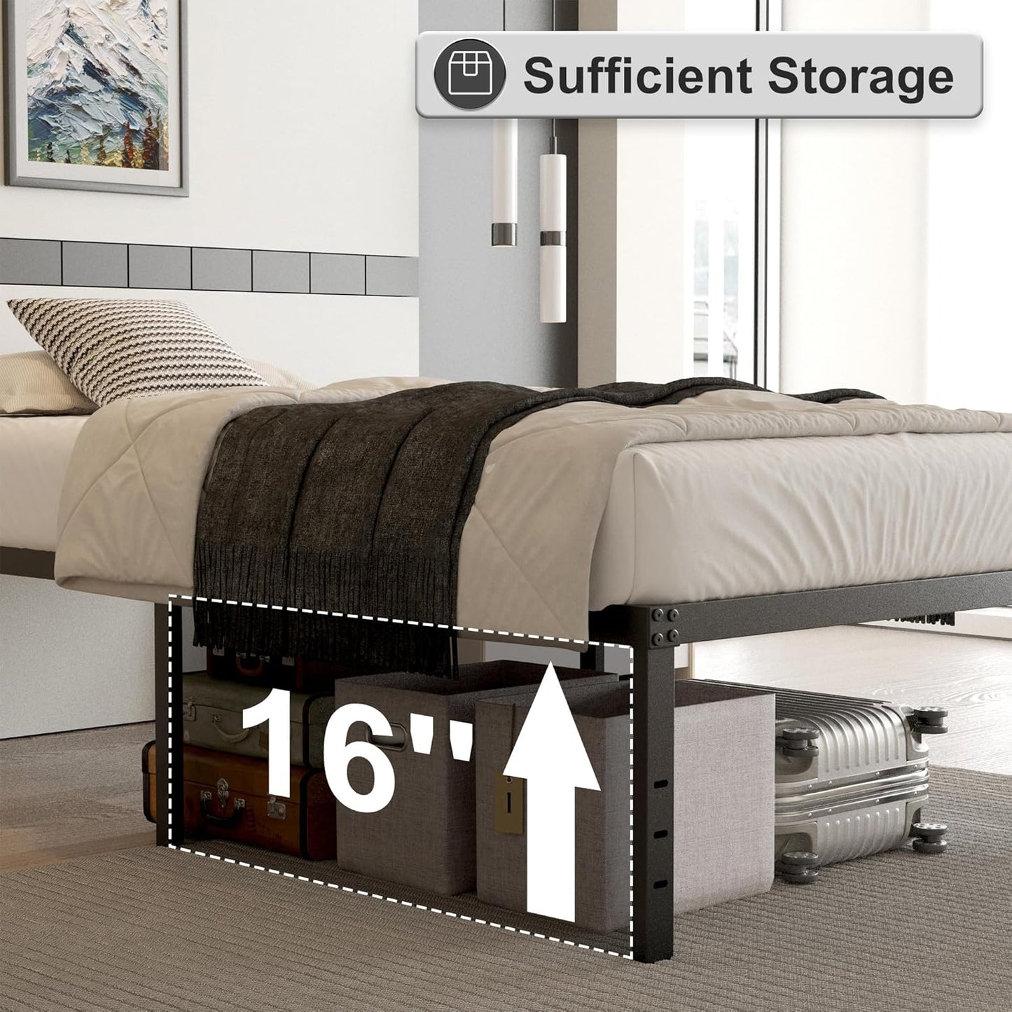 18 Inch Queen Bed Frame with Black Bed Cover, Metal Bed Frames Queen Size No Box Spring Needed, Heavy Duty Mattress Foundation, Easy Assembly, Noise Free