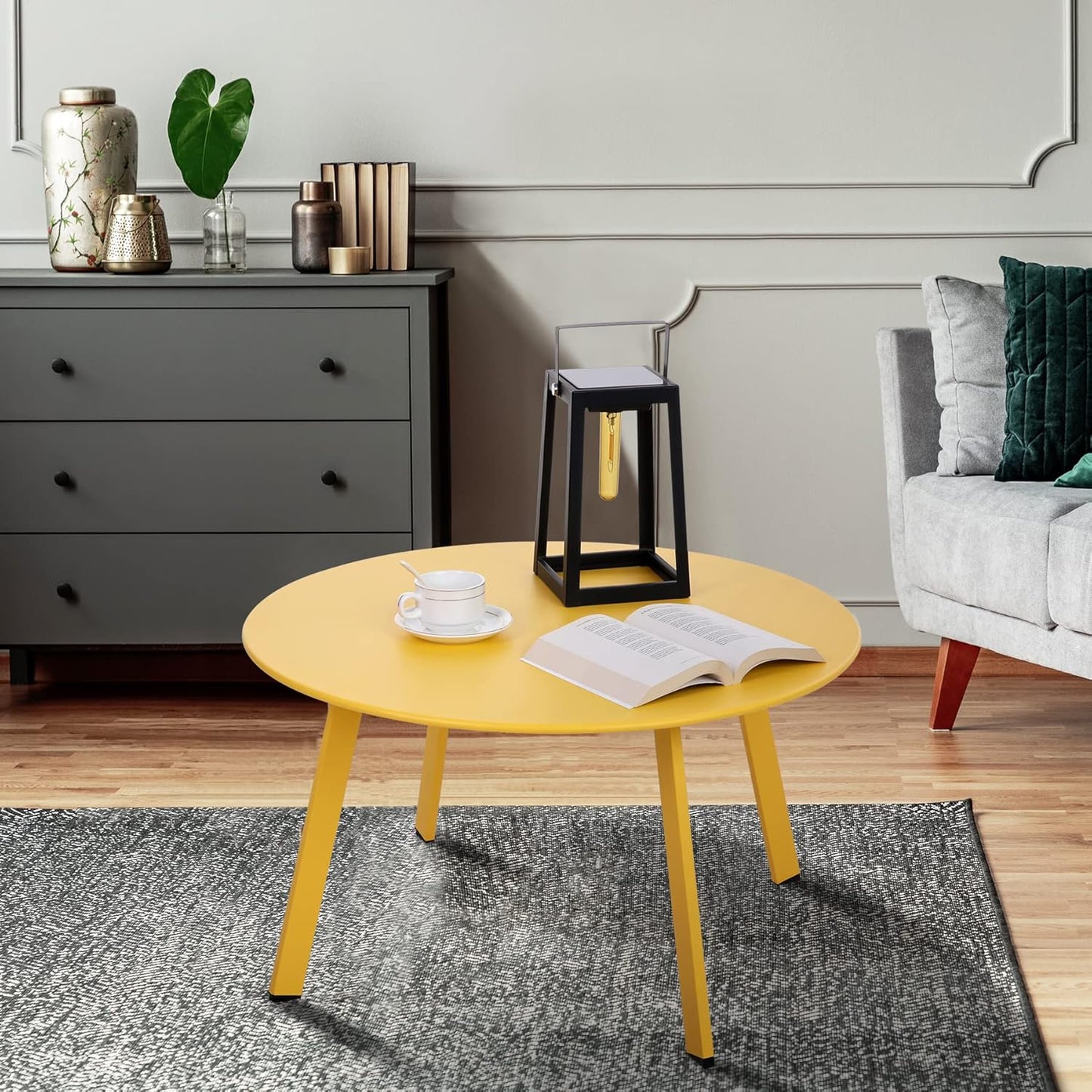 Outdoor Side Table, Outdoor/Indoor Metal Steel Patio Coffee Table, Round Weather Resistant Anti-Rust (Yellow)
