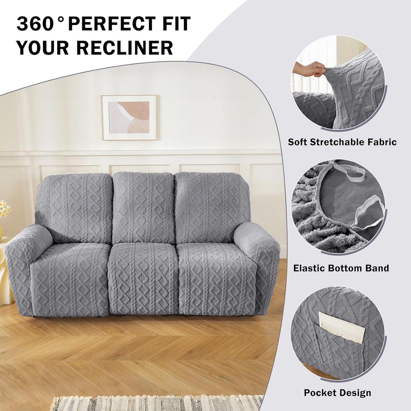 vctops 8 Pieces Geometric Jacquard Plush Recliner Sofa Covers Soft Fuzzy Fluffy 3 Seats Couch Cover Anti-Slip Sofa Slipcover Furniture Protector with Elastic Bottom for Kids Pet(Grey,3 Seat)
