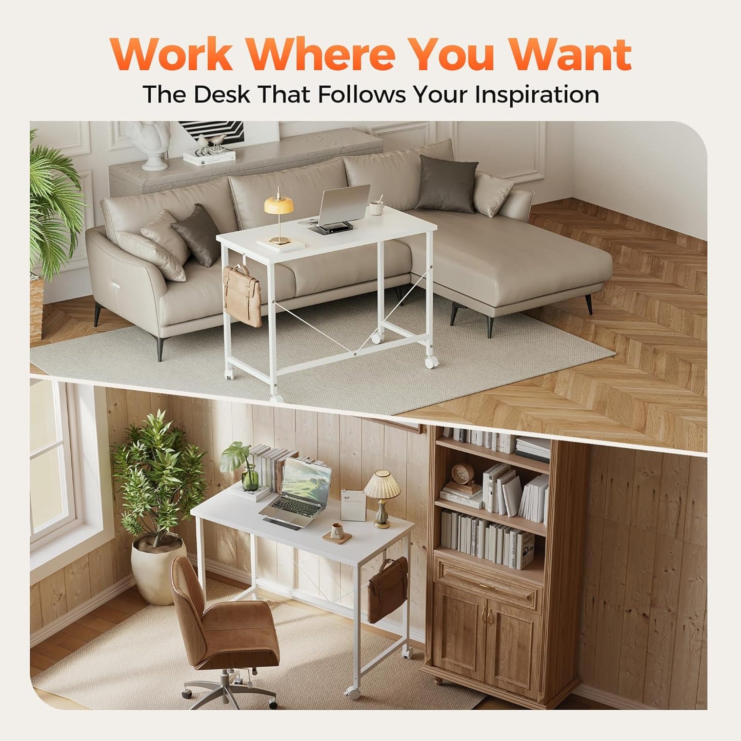 Rolling Computer Desk with Wheels, Gaming Desk for Small Spaces, Modern Simple Style Table for Home Office, Study Writing Table (Caster, White, 40 inch)