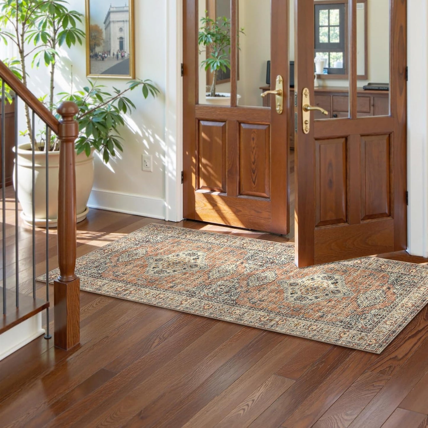 Lahome Oriental Washable Runner Rug, 2x6 Runner Rugs for Hallway Kitchen, Ultra-Thin Distressed Vintage Soft Long Carpet for Bathroom Bedroom Laundry Room, Peach/Orange