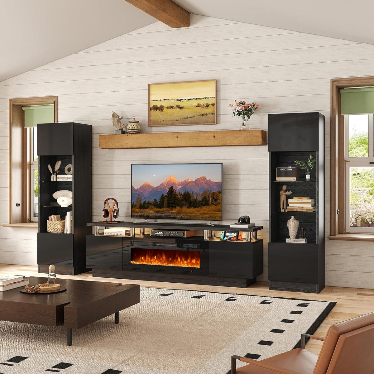 80" TV Stand for Living Room, Large Entertainment Center & Media Console, Fits TVs up to 90", Storage Cabinet with Shelves, 36" Electric Fireplace (All Black)