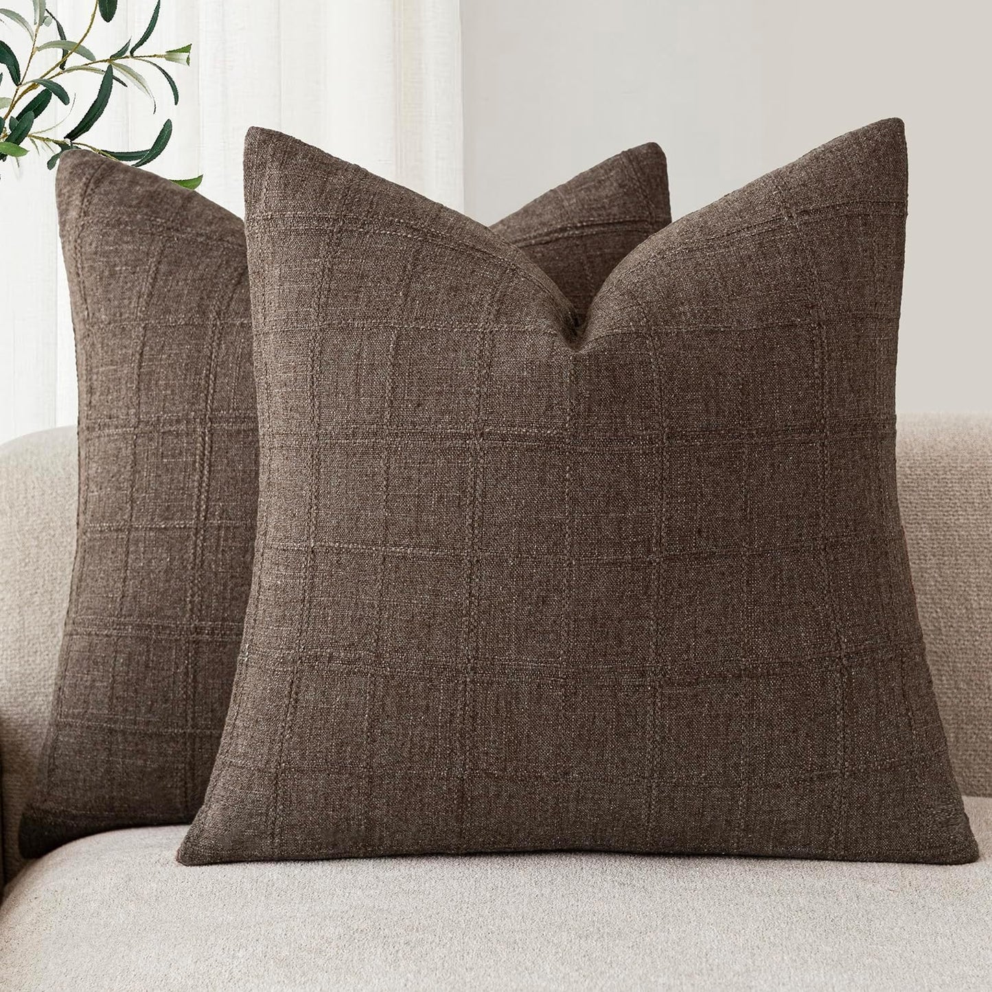 Foindtower Set of 2 Decorative Linen Check Throw Pillow Covers Neutral Farmhouse Vintage Cushion Covers Modern Boho Home Decor for Sofa Chair Couch Bedroom Living Room Outdoor,24×24 Inch,Dark Brown