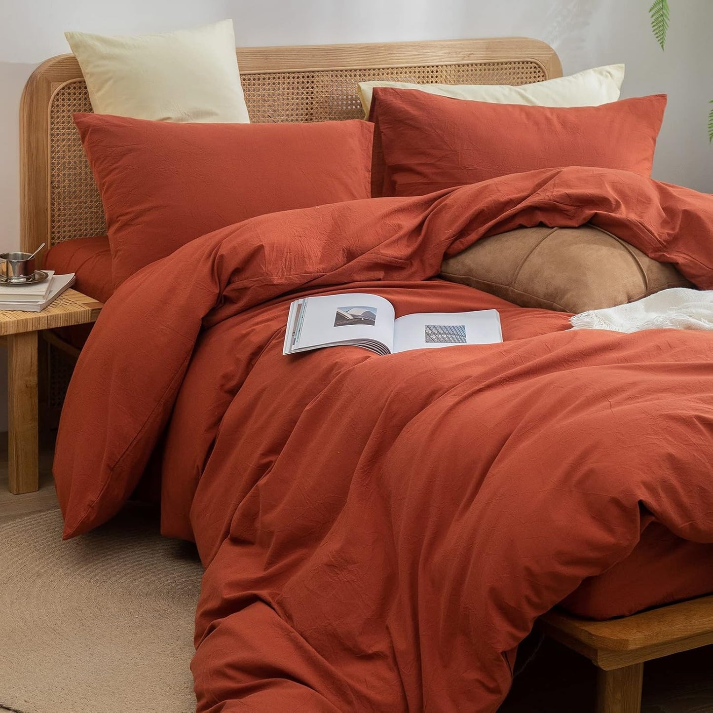 BESTOUCH Duvet Cover Set 100% Washed Cotton Linen Feel Super Soft Comfortable Chic Lightweight 3 PCs Home Bedding Set Solid Burnt Brick Red Queen