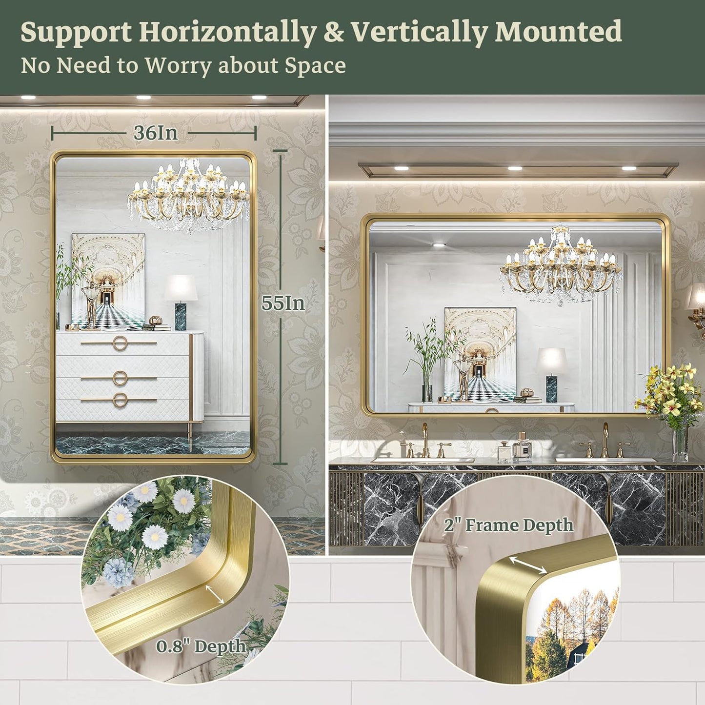 TokeShimi 55 x 36 Inch Brushed Gold Bathroom Mirror for Wall Vanity Mirror with Non-Rusting Aluminum Alloy Metal Frame for Modern Minimalist Farmhouse Home Decor (Horizontal/Vertical)