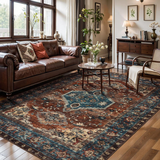 Tangsoo 5x7 Area Rug Washable Rug for Living Room, Vintage Indoor Non Slip Large Area Rugs, Print Distressed Rust Carpet, Soft Low Pile Foldable Floor Rug for Bedroom Dining Room Dorm