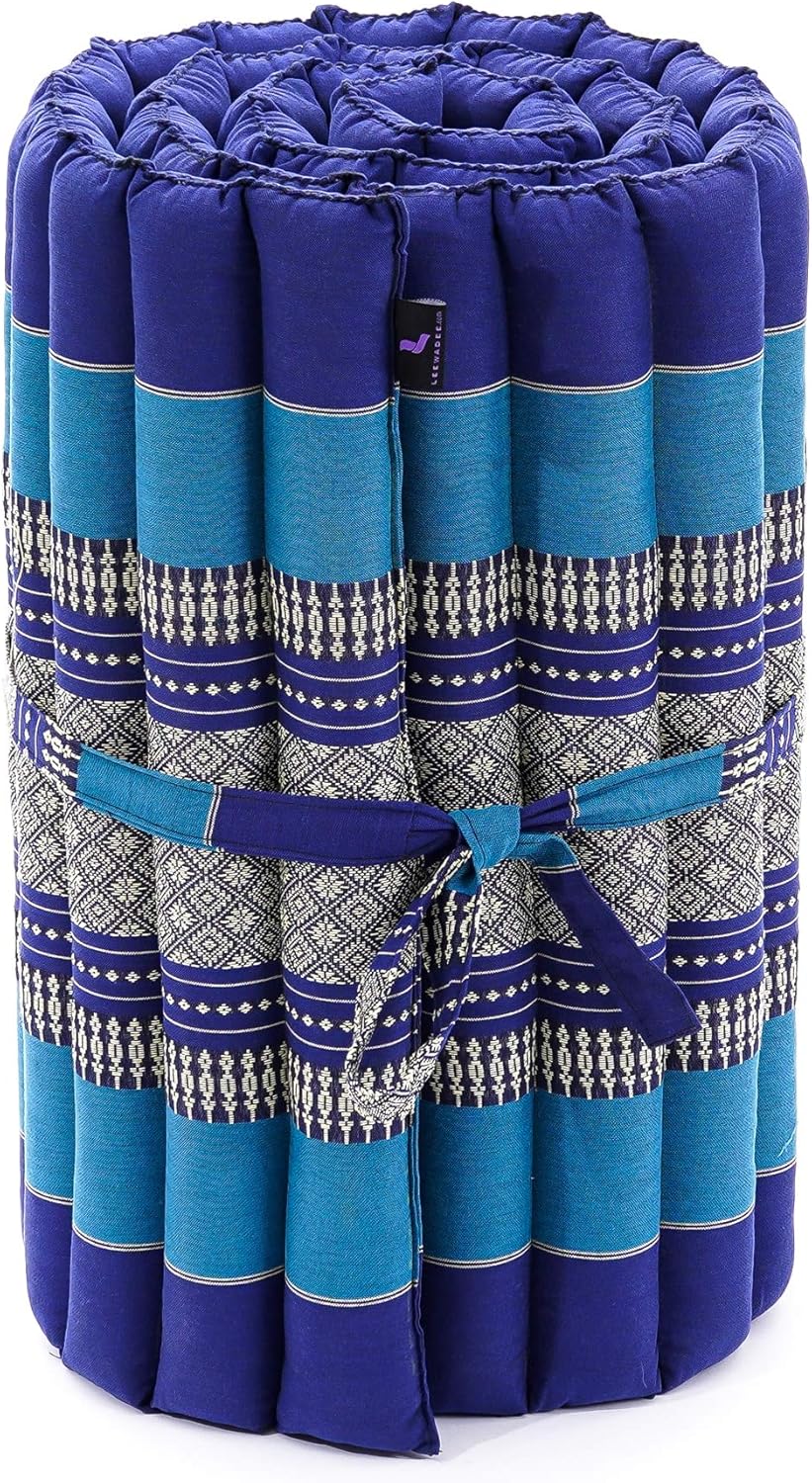 Leewadee - Foldable Floor Mattress - Japanese Roll Up Futon -Trifold Tatami Mat- Guest Floor Bed - Camping Mattress - Thai Massage Mat, Kapok Filled, 75 x 20 inches, Blue