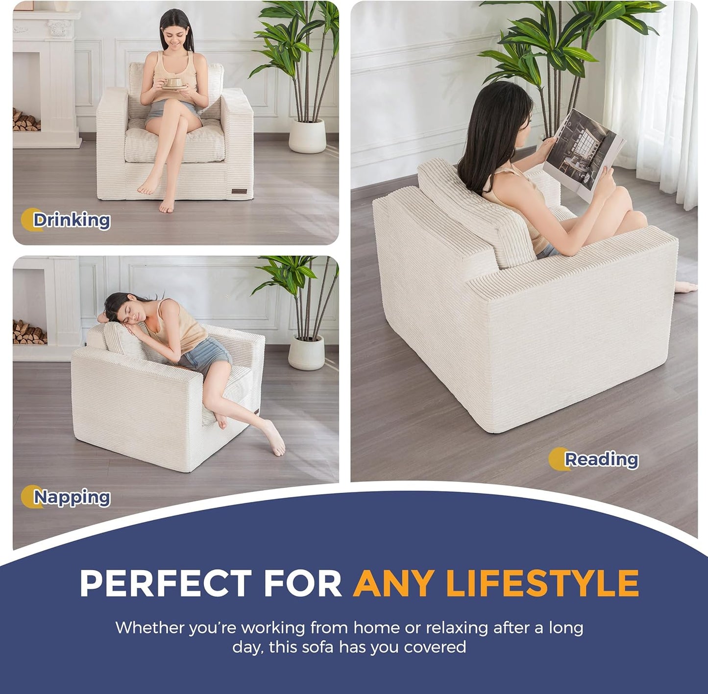 MAXYOYO Living Room Chair for Adults, Upholstered Floor Sofa with Armrests, Boneless Chair with Tufted Cushion & Backrest, Sofa in A Box, Bean Bag Couch for Bedroom Living Room, Dorm, Beige