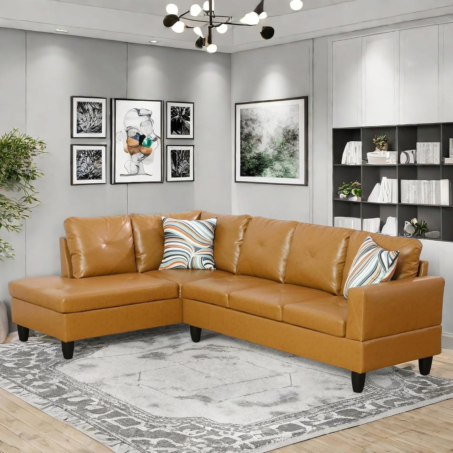 Modular Leather Sectional Couch, L Shaped Couch with Storage, Convertible Sofa with Ottomans, Modern Sectional Sofa for Living Room and Office, Ginger