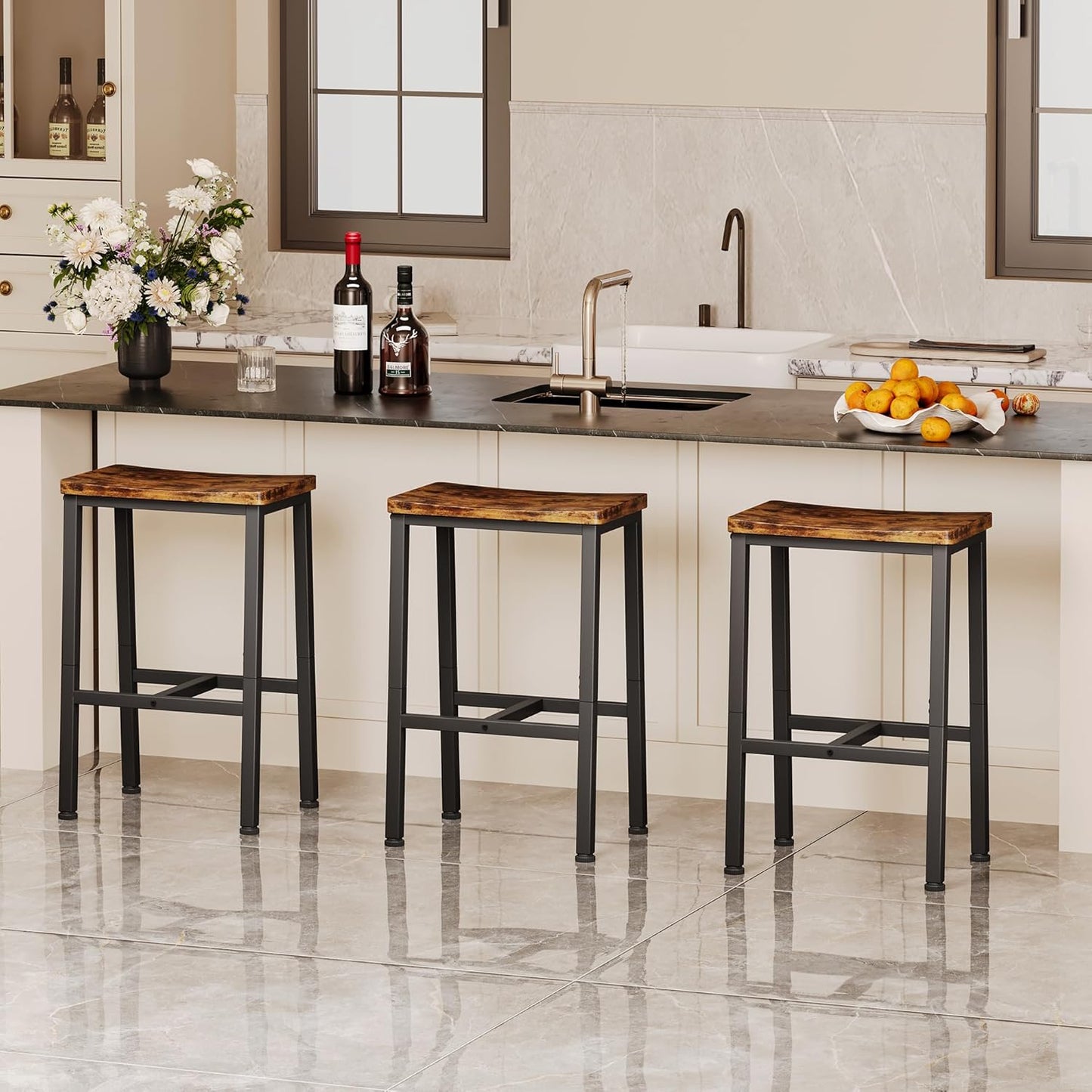 Homeiju Bar Stools, Counter Height Bar Stools Set of 2, 23.6 Inch Saddle Stools with Footrests, Industrial Kitchen Counter Seat for Dining Room, Kitchen, Counter, Rustic Brown