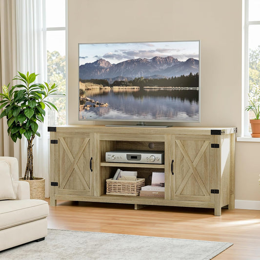 YESHOMY Modern Farmhouse TV Stand with Two Barn Doors and Storage Cabinets for Televisions up to 65+ Inch,Entertainment Center Console Table,Media Furniture for Living Room,Yellow Oak