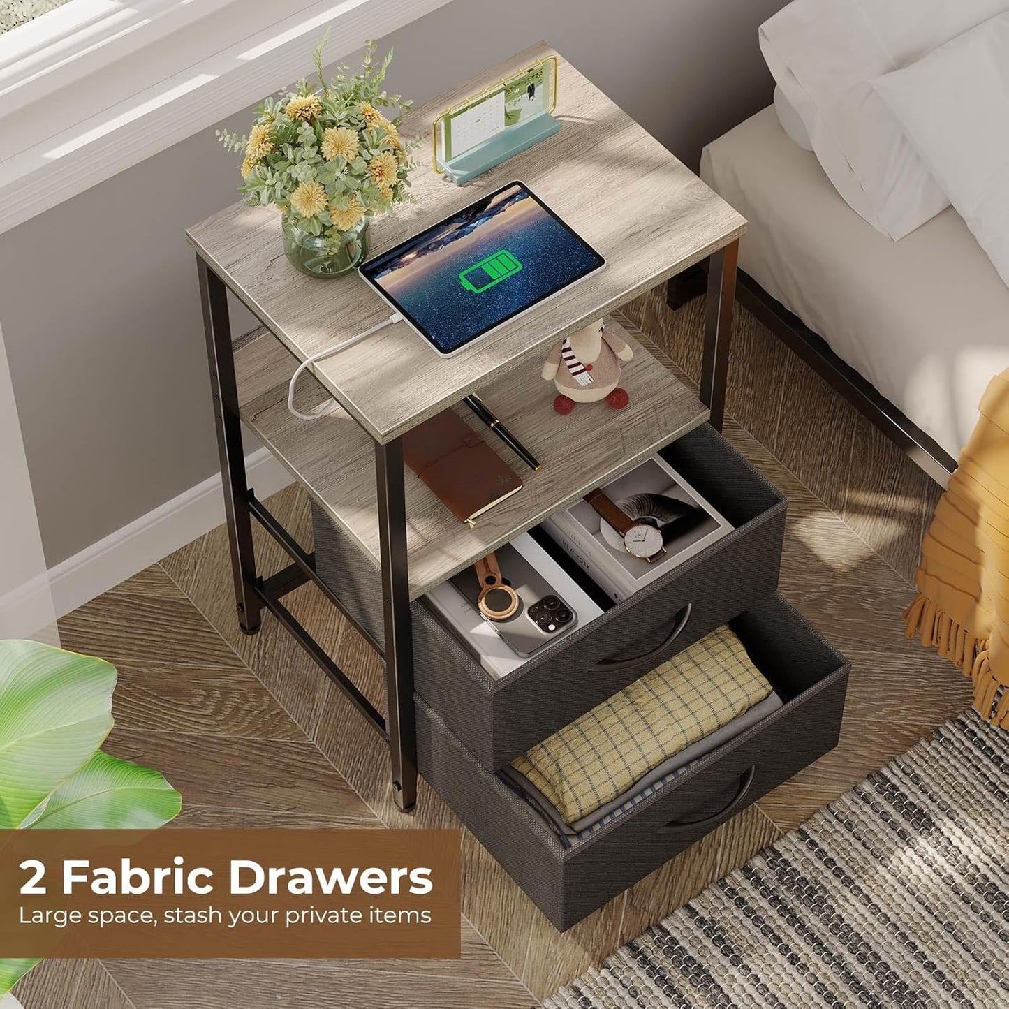 Seventable Nightstand with Charging Station, Bedside Table with LED Lights, Night Stand with 2 Fabric Drawers, 3-Tier Storage End Table for Bedroom, Greige