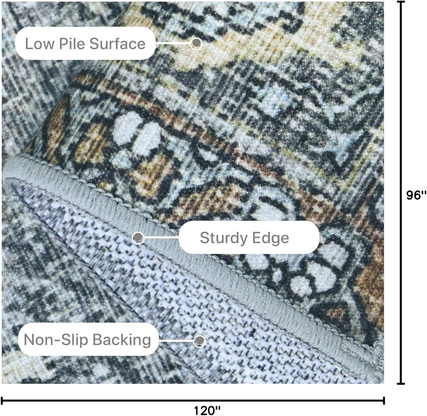 8X10 Area Rugs Machine Washable Rugs for Living Room, Vintage Boho Large Rugs for Bedroom Dining Room, Non Slip Indoor Soft Distressed Lightweight Thin Low Pile Carpet, Slate Grey