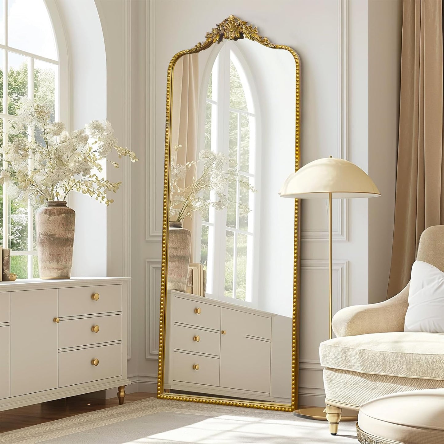 G-LEAF Vintage Baroque Full Length Floor Mirror 75"X30", Victorian Antique Mirror with Brush Gold Ornate Metal Frame for Fireplace Entryway Living Room Hallway Bathroom