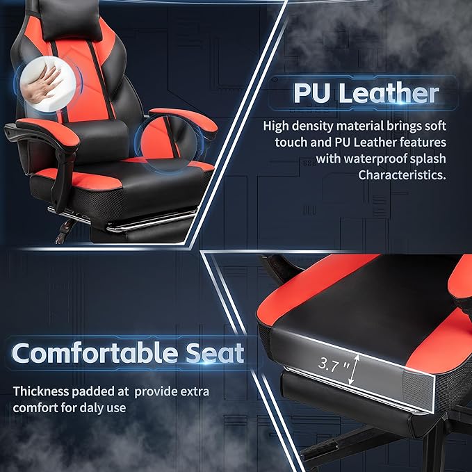 Gaming Chairs for Adults, Computer Chair with Footrest, High Back, Big and Tall Gamer Chair‘s with Massage Lumbar Support, 360° Swivel Height Adjustable Computer Chaires, Dark Red