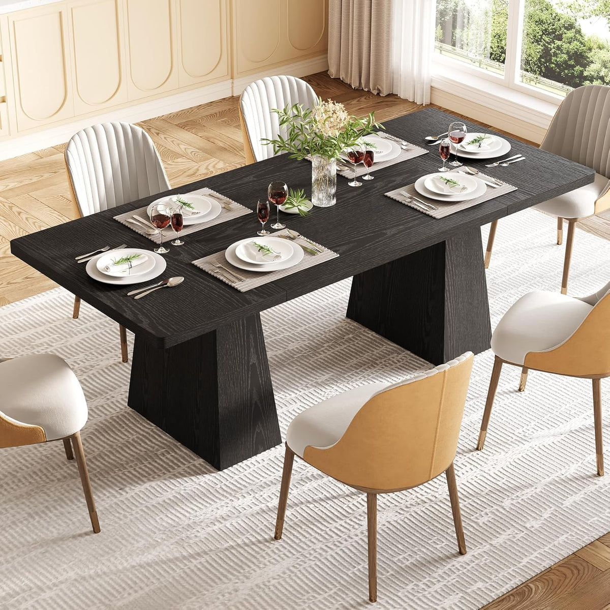 LITTLE TREE Dining Table for 6 People, Wooden Table, Rectangle Furniture with Heavy Duty Legs, Modern Kitchen Table for Home, Dining Room, Black