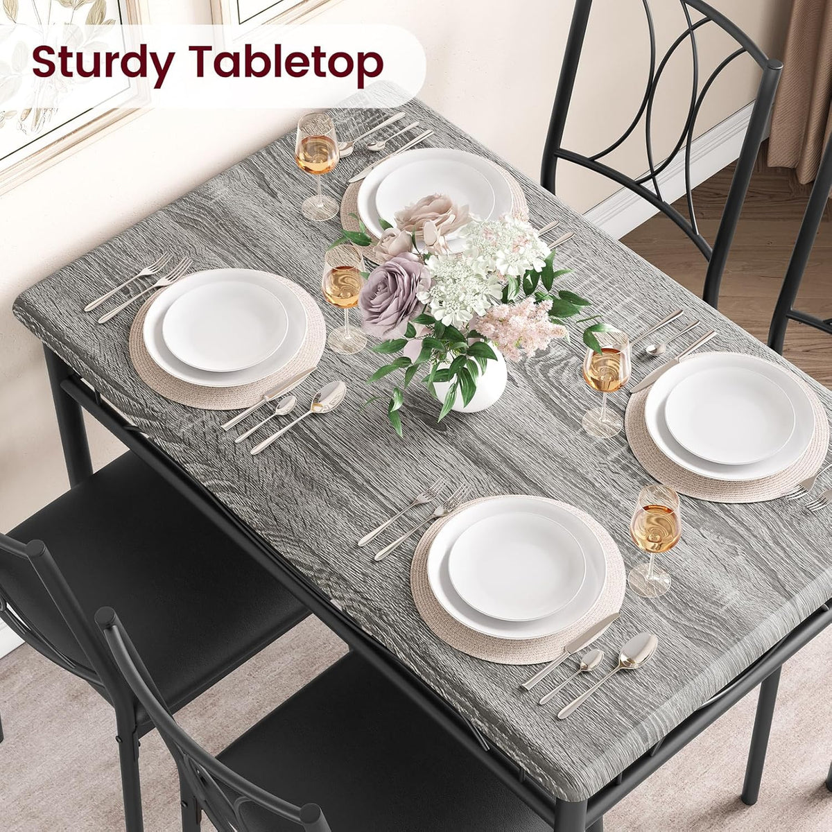 IDEALHOUSE Dining Table Set for 4, Kitchen Table and Chairs Set for 4, Rectangular Kitchen Table Set, 5 Piece Small Dining Table Set with Upholstered Chairs for Apartment, Small Space, Retro Gray