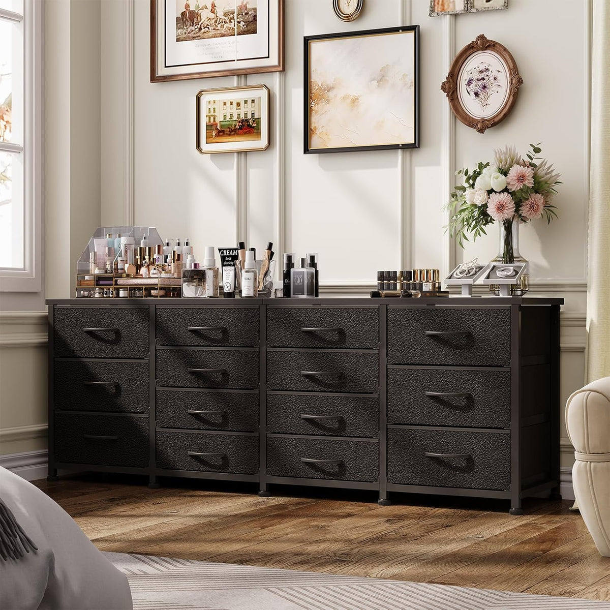 63 Inch TV Stand Dresser for Bedroom, Long Black Dresser with 14 Fabric Drawers for 65 70 75 Inch TV, Entertainment Center with Storage Media TV Console Table
