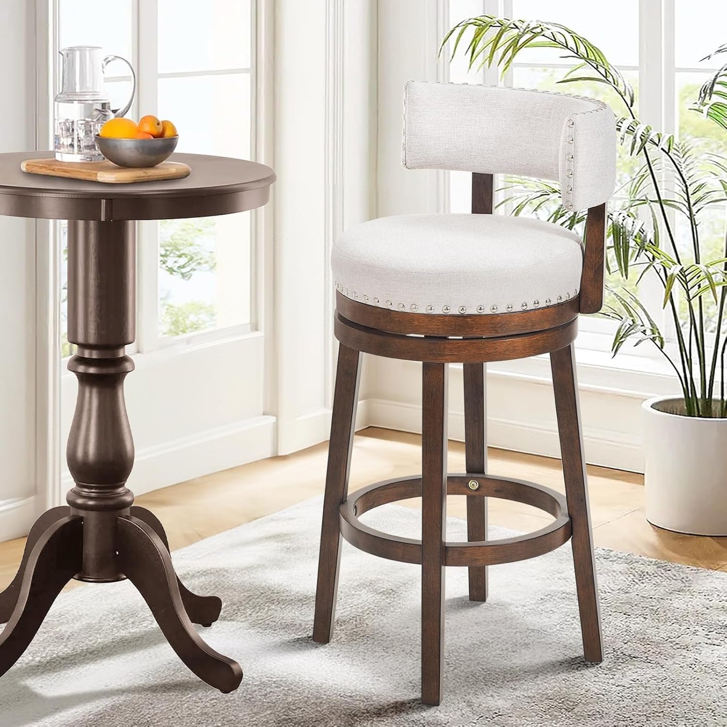 COLAMY Swivel Bar Stool, Swivel Bar Height Bar Stool, Modern Swivel Barstool with Back, Upholstered Wood Barstool for Kitchen Island Dining Room Bar, Beige, FM-4840-30-Beige-F