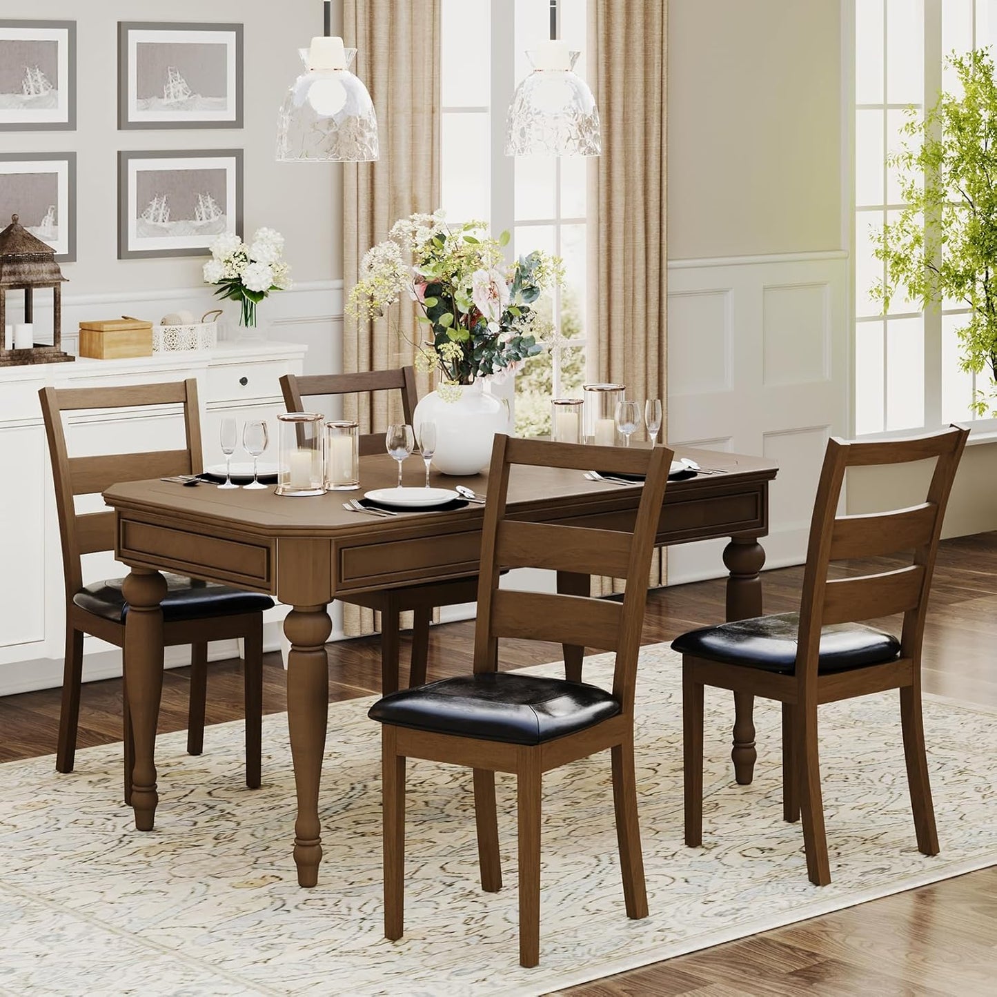 COLAMY Farmhouse Dining Chairs Set of 4, Upholstered Kitchen Chairs with Ladder Back, Modern Wood Side Dining Room Chairs with Wooden Legs for Rustic Restaurant, Dark Brown