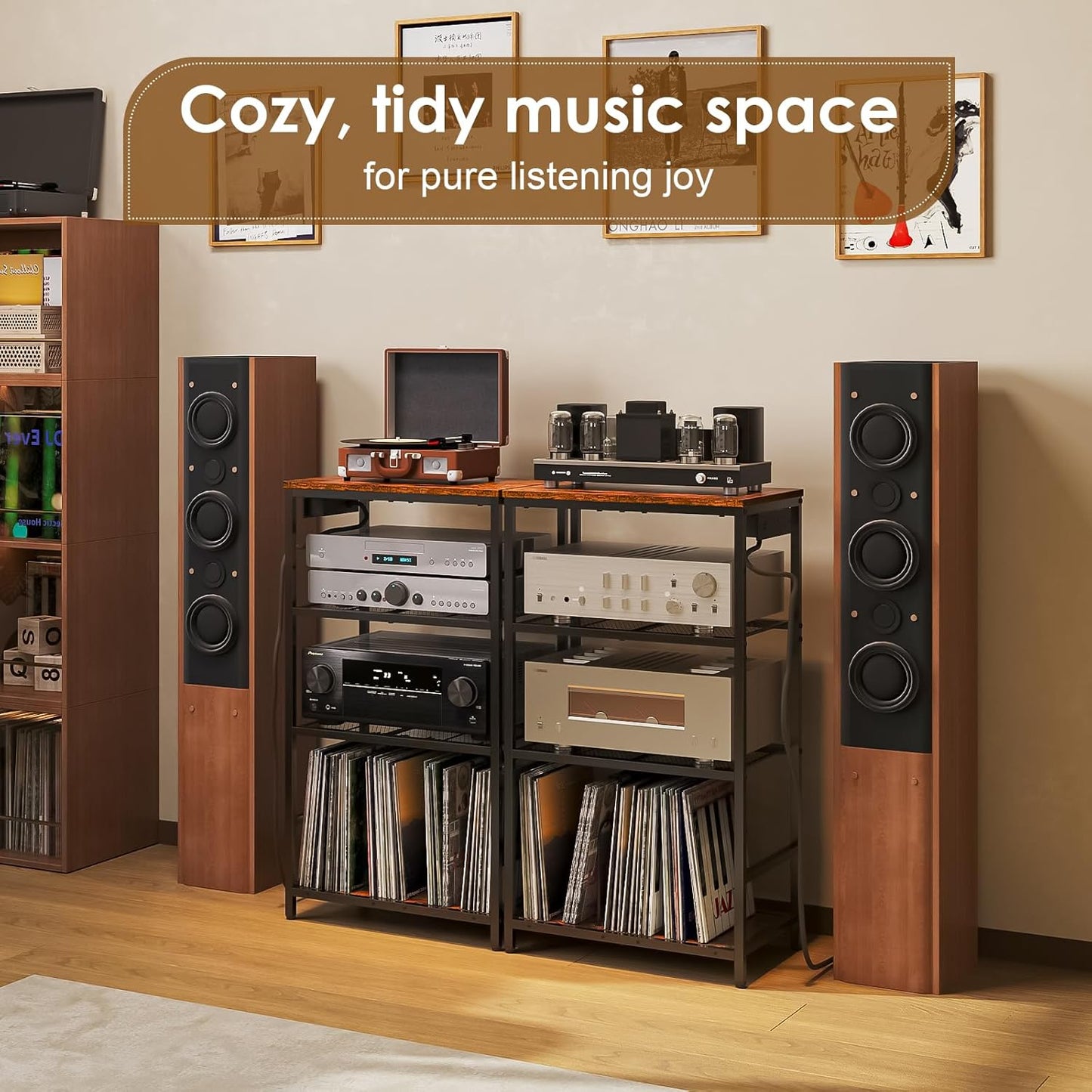 Record Player Stand with Storage, 4 Tier Turntable Stand with Vinyl Record Storage, Stereo Cabinet with Record Holder, Media Stand with Outlets for Entertainment Center