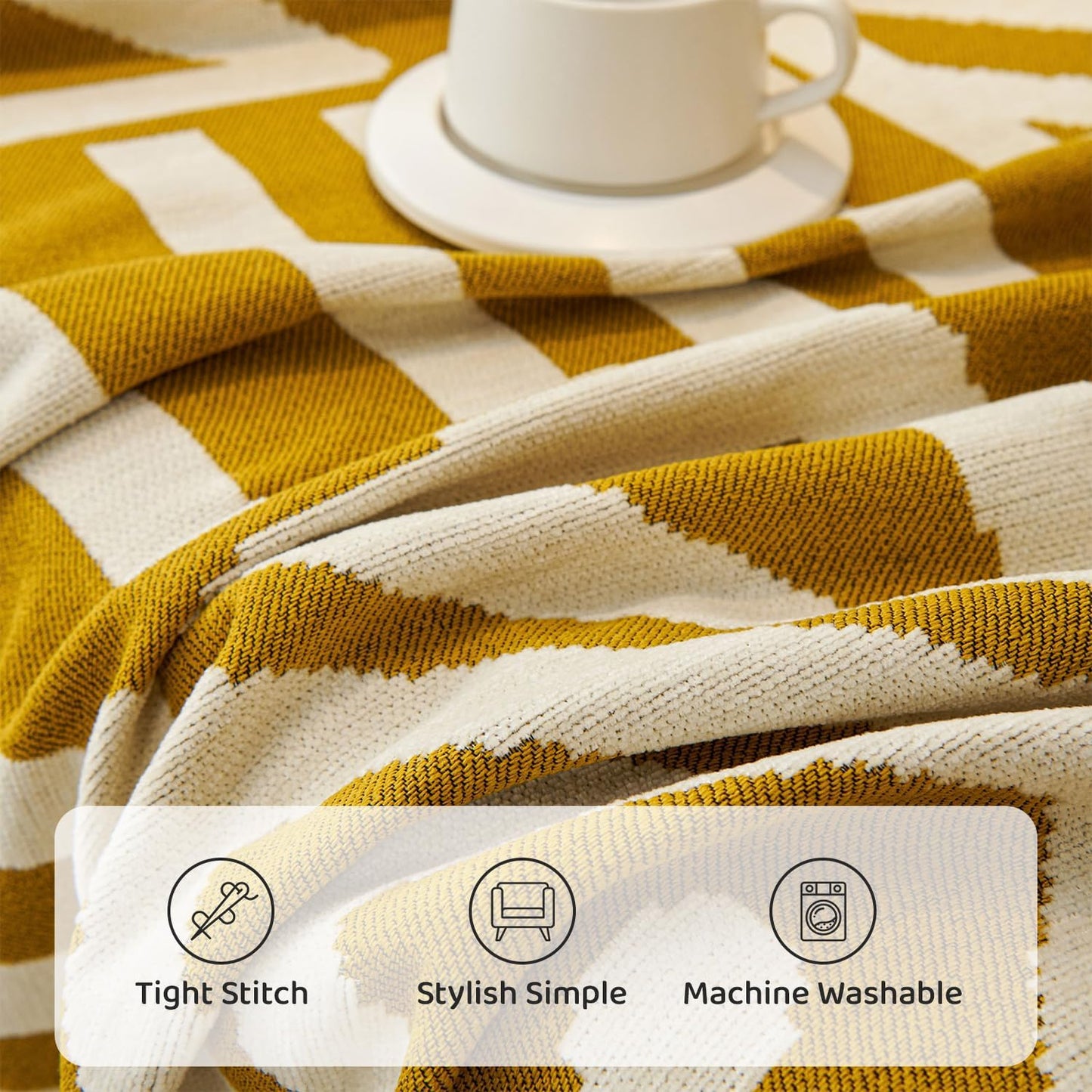 STACYPIK Boho Chenille Couch Cover, Ginger Yellow Sofa Cover for 3 Cushion Couch, Anti Slip L Shaped Couch Protector, Washable Loveseat Cover Pet Friendly, Multi-Use Jacquard Throw Cover-71X150IN