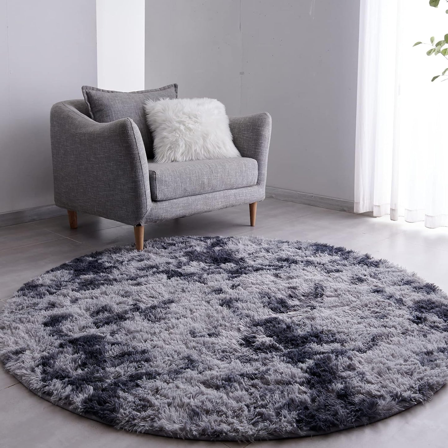 FJZFING Tie-Dyed Dark Grey Round Rug Ultra-Soft Plush Modern 6x6 Circle Area Rug for Kid's Bedroom, Fluffy Shag Circular Rug for Nursery Room, Non-Slip Tie-Dyed Dark Grey Rug for Teen's Room