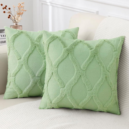 decorUhome Throw Pillow Covers 18x18 Inch Set of 2, Soft Plush Faux Fur Wool Sage Green Couch Pillow Covers, Decorative Neutral Pillow Cases for Bed Sofa Living Room Home Decor