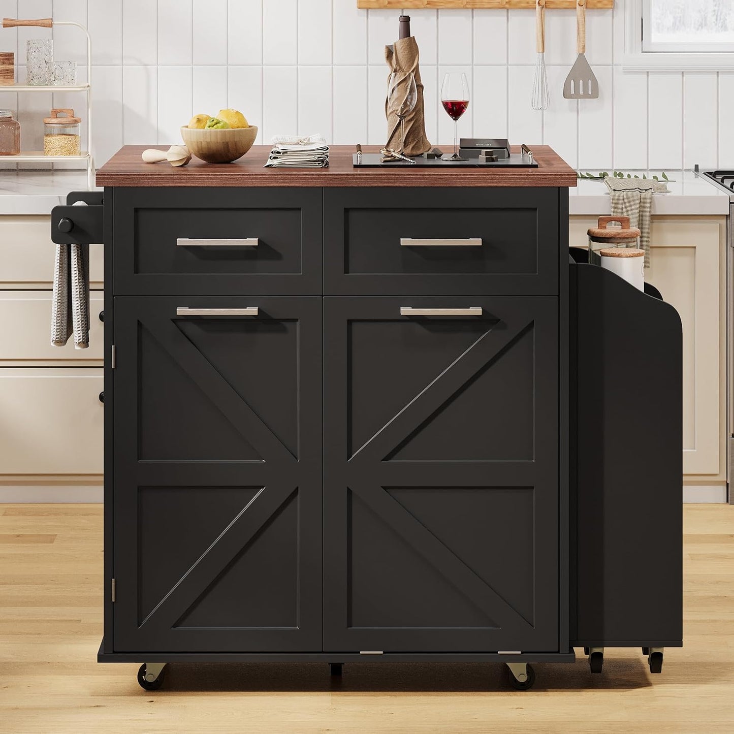 Ball & Cast Farmhouse Kitchen Island with Drop Leaf,Rolling Kitchen Cart on 5 Wheels W/Removable Side Racks and 2 Drawers,Kitchen Storage Cart W/Towel Rack,for Kitchen,Dining Room,Black,47.2"