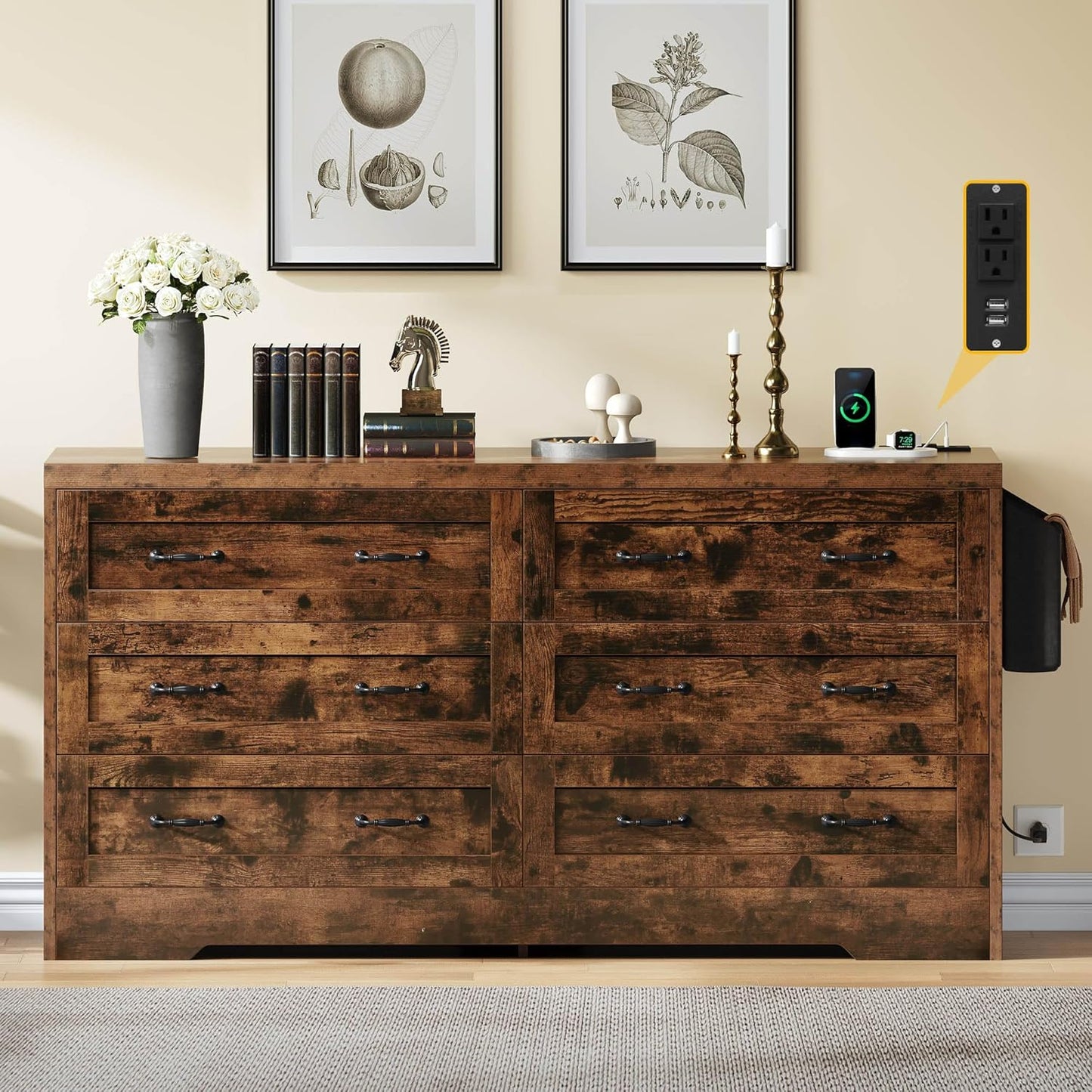 YITAHOME Rustic Brown Drawers TV Stand for 65 inches with Power Outlets -Chest of Drawers Dresser with Side Organizer Bag Entertainment Center TV Console