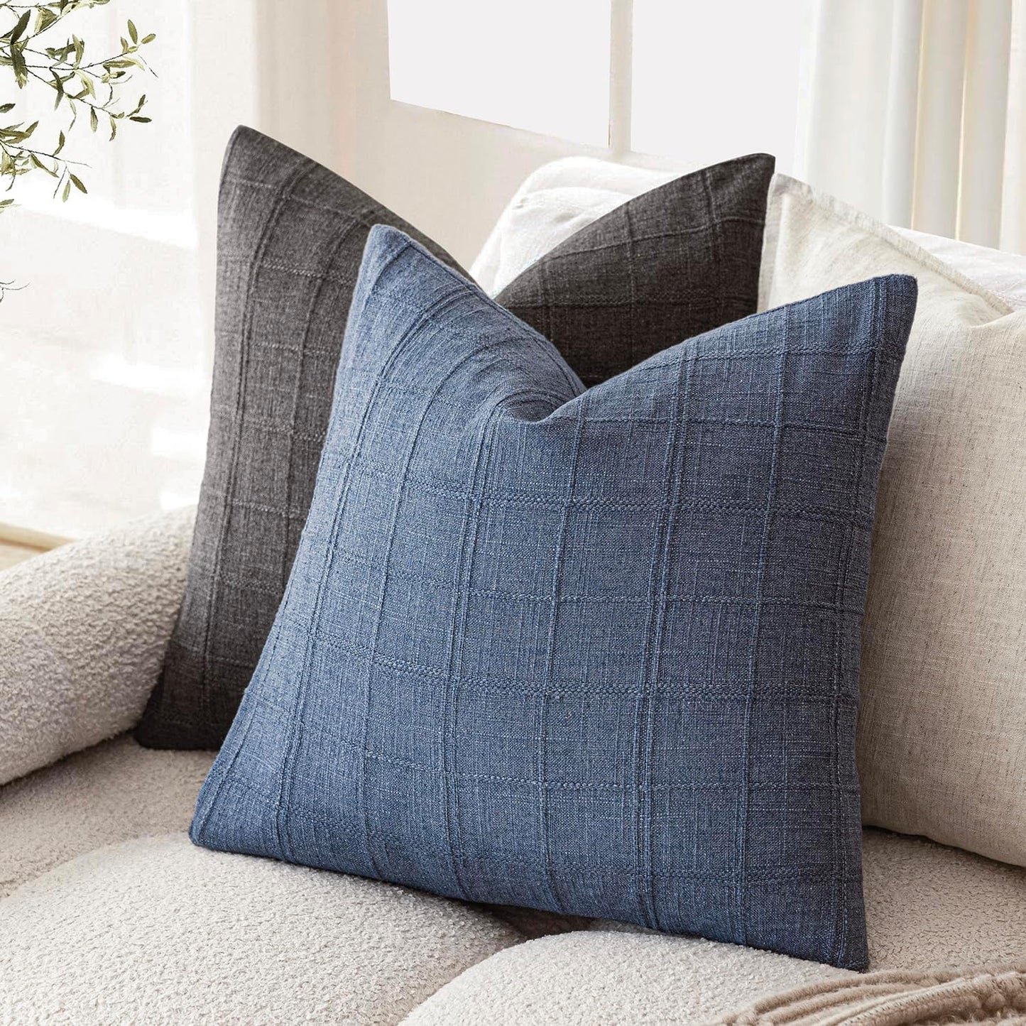 Foindtower Set of 2 Decorative Linen Check Throw Pillow Covers Neutral Farmhouse Vintage Cushion Covers Modern Coastal Boho Home Decor for Sofa Chair Couch Bedroom Living Room Outdoor,24×24 Inch,Blue