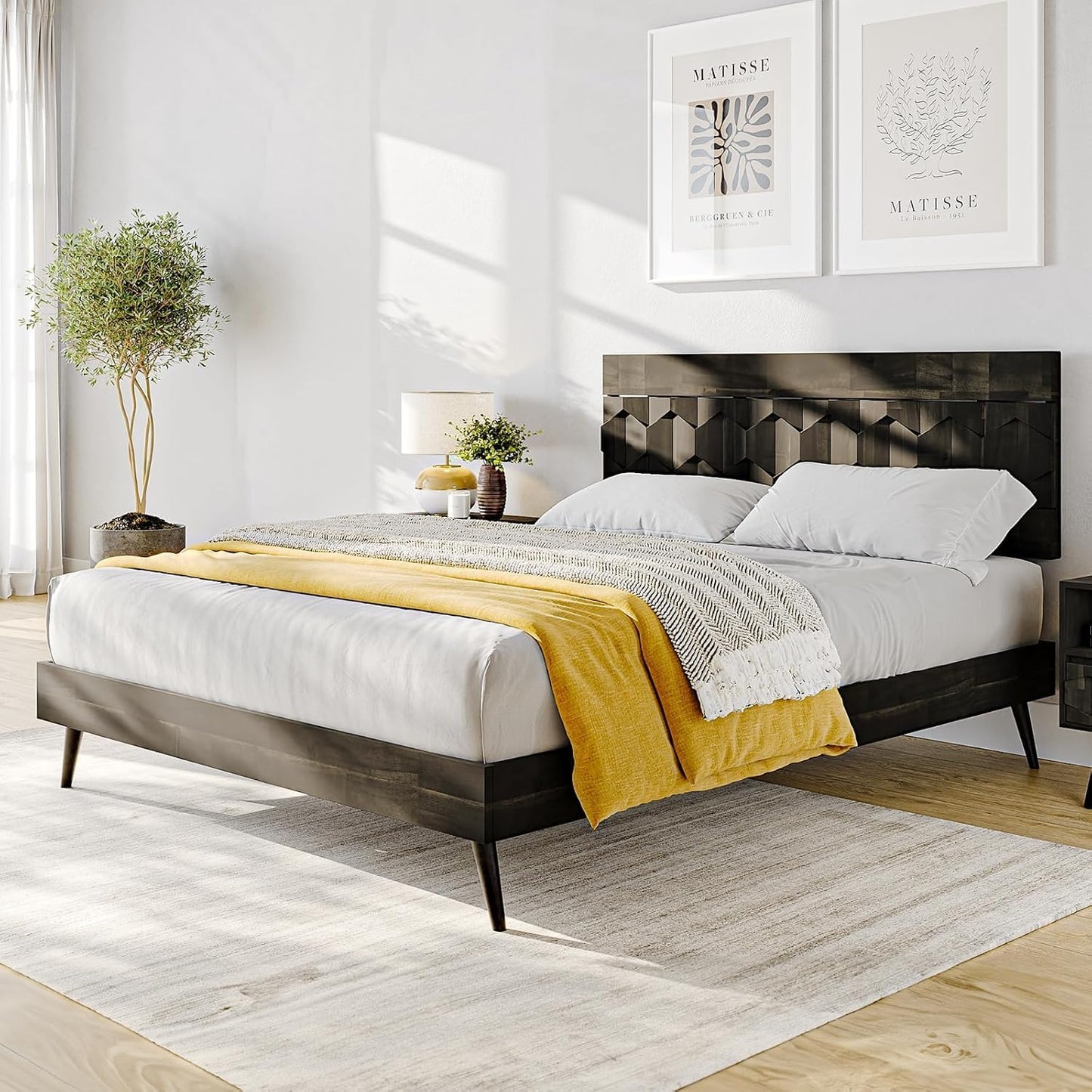 Bme Georgina Signature Bed Frame with Handcrafted Geometric Headboard, Mid Century Modern, Solid Acacia Wood, No Box Spring Needed, 12 Strong Wood Slats Support, Easy Assembly, Walnut, Queen