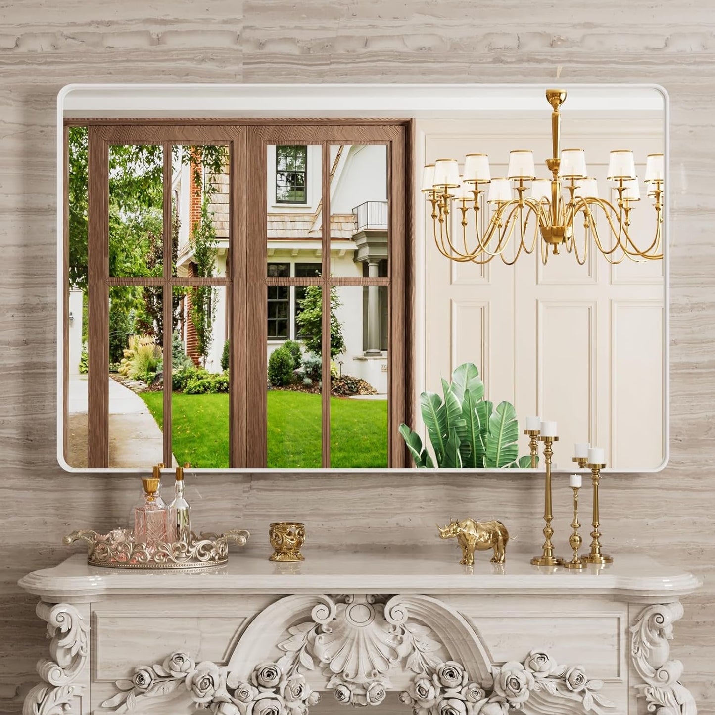 White Bathroom Mirror 48x30 Inch, White Metal Framed Bathroom Mirror for Wall, Rounded Rectangle Matte Bathroom Vanity Mirror, Tempered Glass, Anti-Rust, Horizontal/Vertical