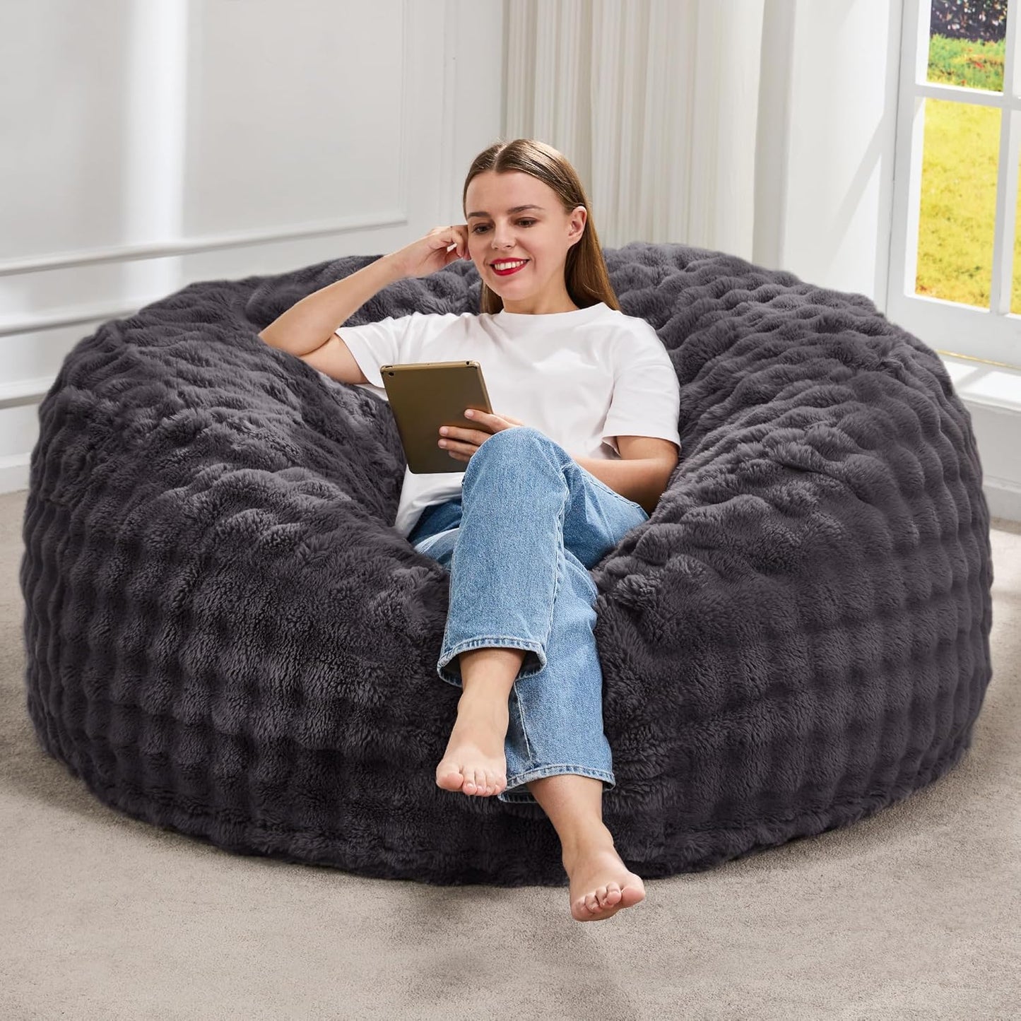 Hobestluk Bean Bag Chairs 4ft Beanbag Chair with Filler Adult Bean Bags with Fluffy & Machine Washable Cover, Giant Bean Bag Chairs for Adults (Dark Grey, 4FT-44" x 44" x 24")