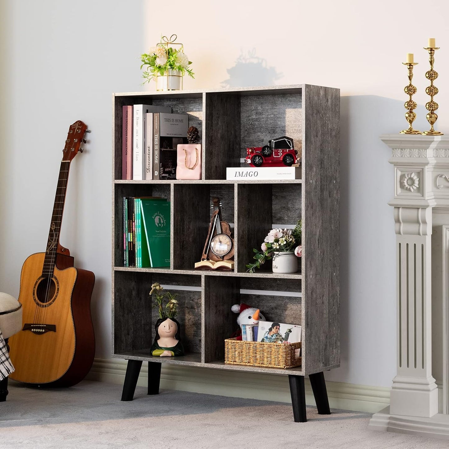 LEYAOYAO Bookshelf Cube Storage Organizer,3 Tier Bookcase with Legs,Modern Wood Open Shelf,Dirty Grey Bookshelves,Free Standing Display Short Book Shelves for Narrow Space,Bedroom,Living Room,Office