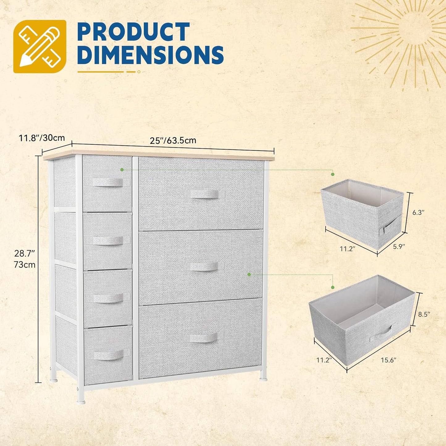 DWVO Dresser for Bedroom, 7 Drawers Fabric Dresser, Organizer Unit for Living Room, Hallway, Closets - Sturdy Steel Frame, Wooden Top & Easy Pull Fabric Bins, Light Gray