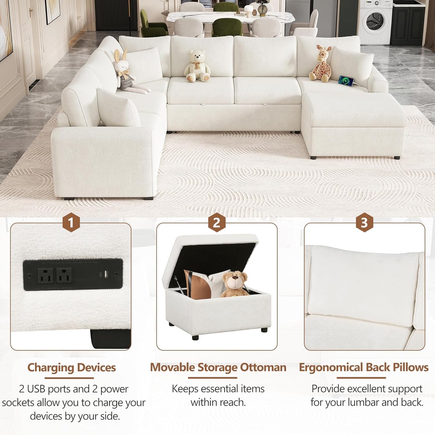 112" Luxurious Pull-out Sofa Bed Sleeper with Storage Ottoman,Sectional Sleeper Couch W/ 3 Pillows,2 USB ports & 2 Power Sockets,Corner Furniture Set for Living Room Large Space,Cream Chenille