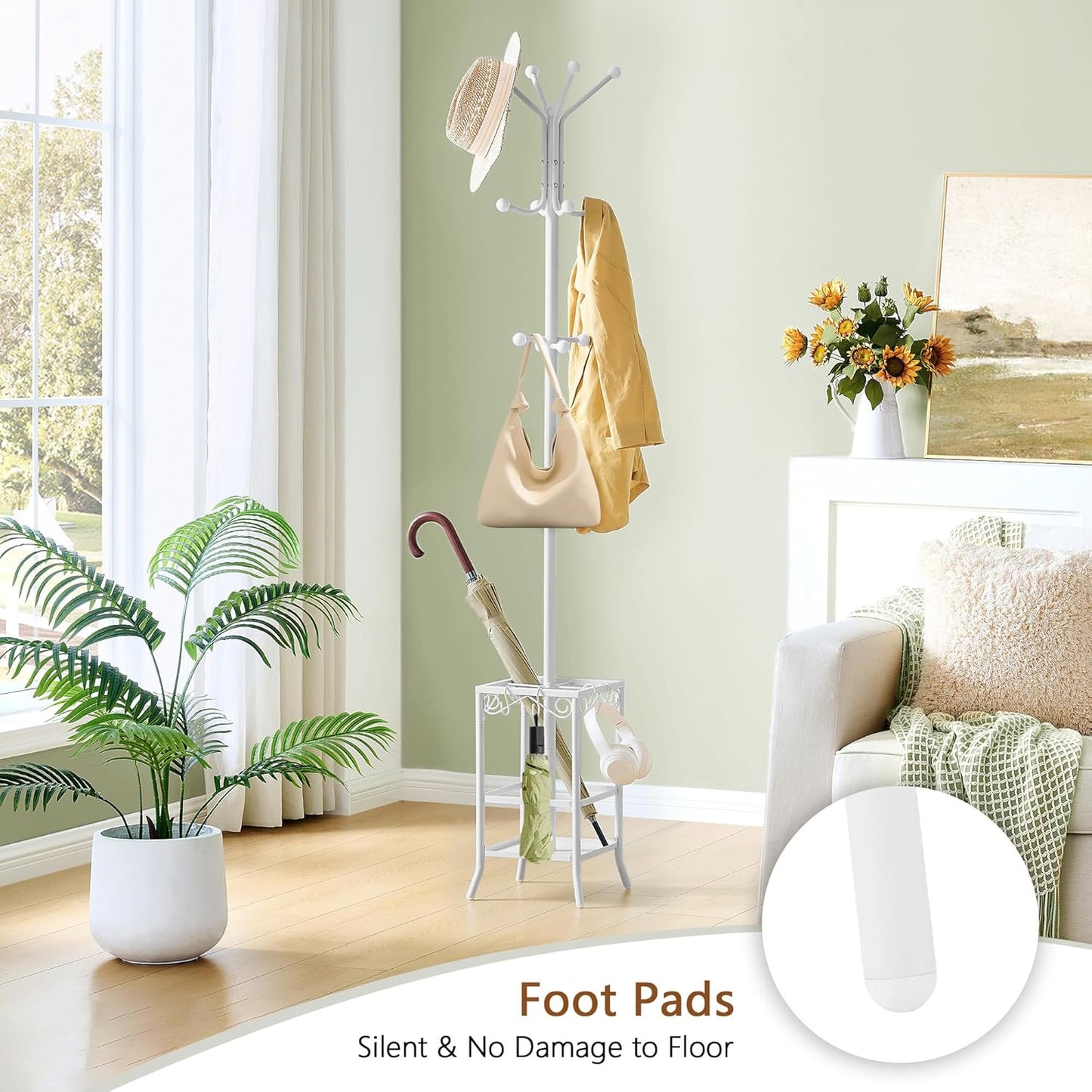 Hoctieon Coat Rack Freestanding, Coat Tree with Umbrella Holder, Metal Coat Rack Stand with 12 Hooks, Standing Coat Hanger Stand, Umbrella Stand for Entryway, Hat Rack Stand for Home Office, White