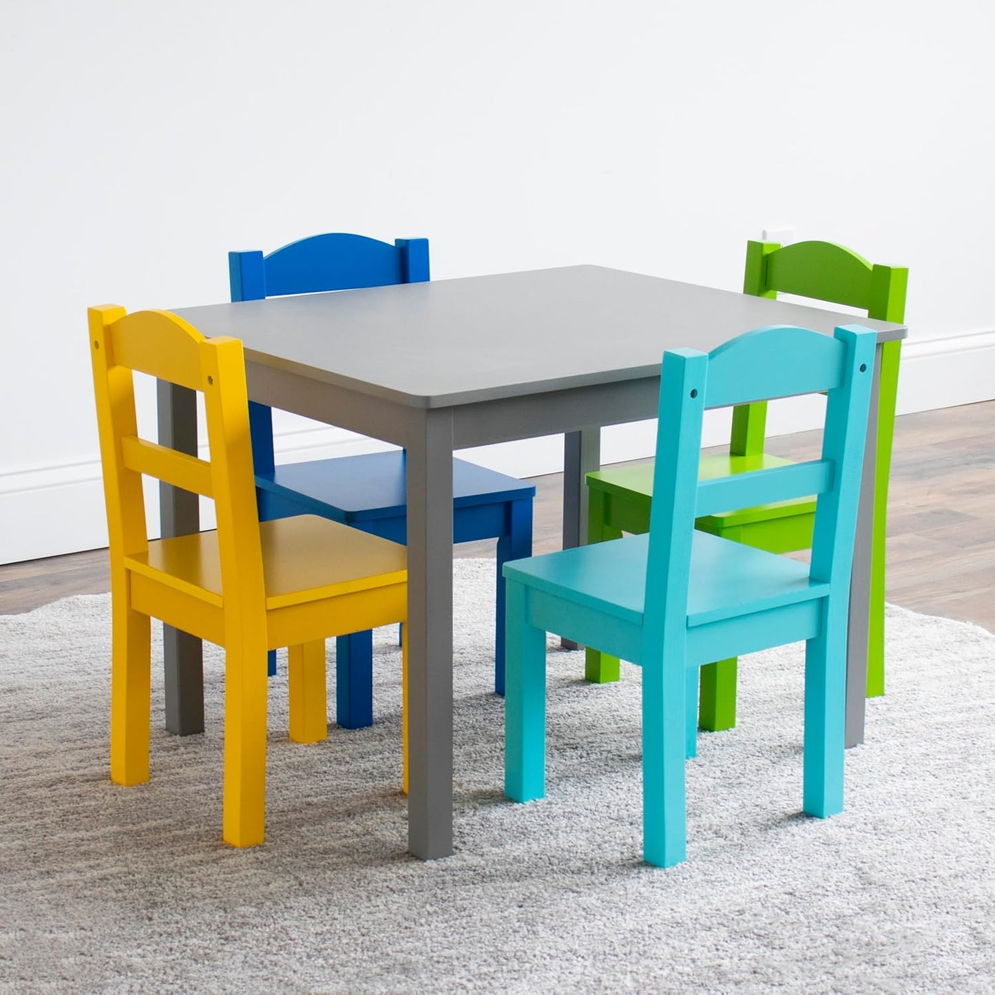 Humble Crew Kids Wooden Table and 4 Chairs Set, Grey/Blue/Green/Yellow - Kids Table and Chair Set for Toddlers and Children for Arts, Crafts, and Snack Time - Sturdy, Durable Toddler Activity Table