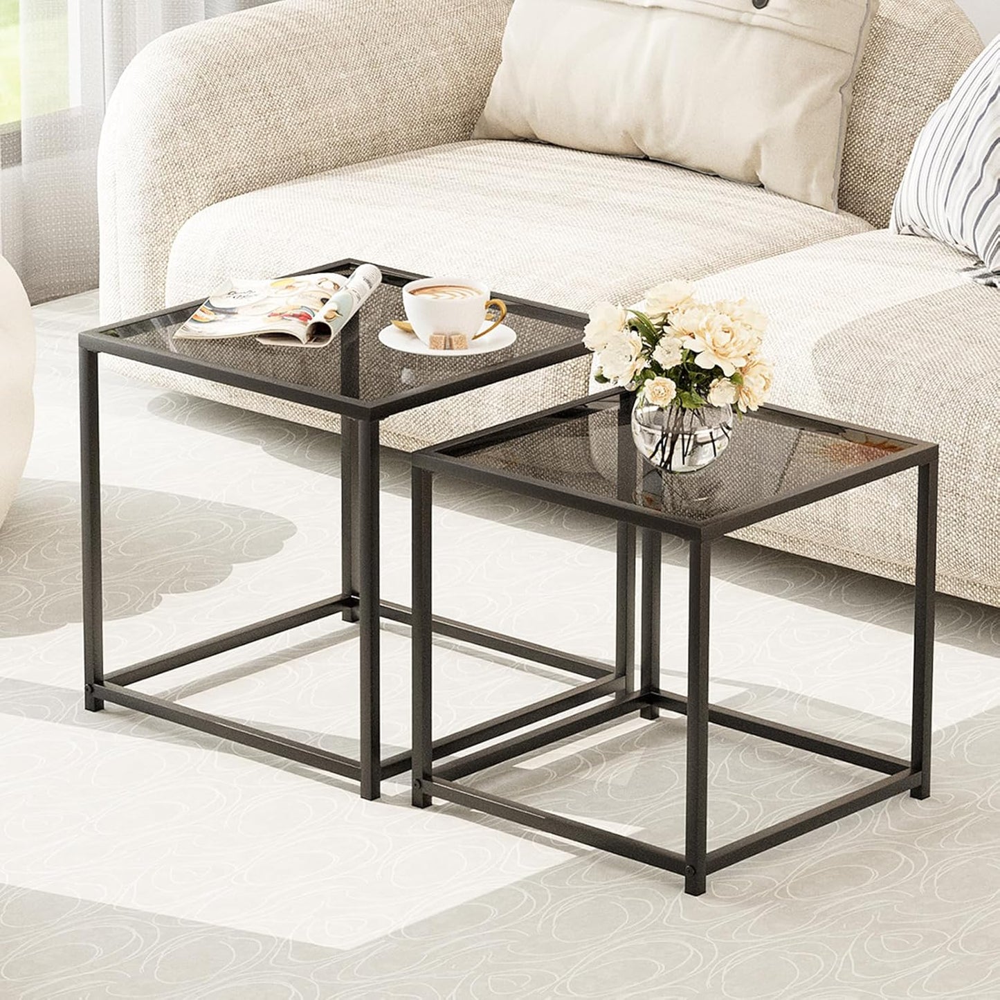 Garden 4 you Coffee Table Set of 2, Modern Glass Nesting Table, Metal Frame Square Center Table Set, Side Tables, Nesting Coffee Table for Living Room, Bedroom and Small Spaces, 19.7in Grey