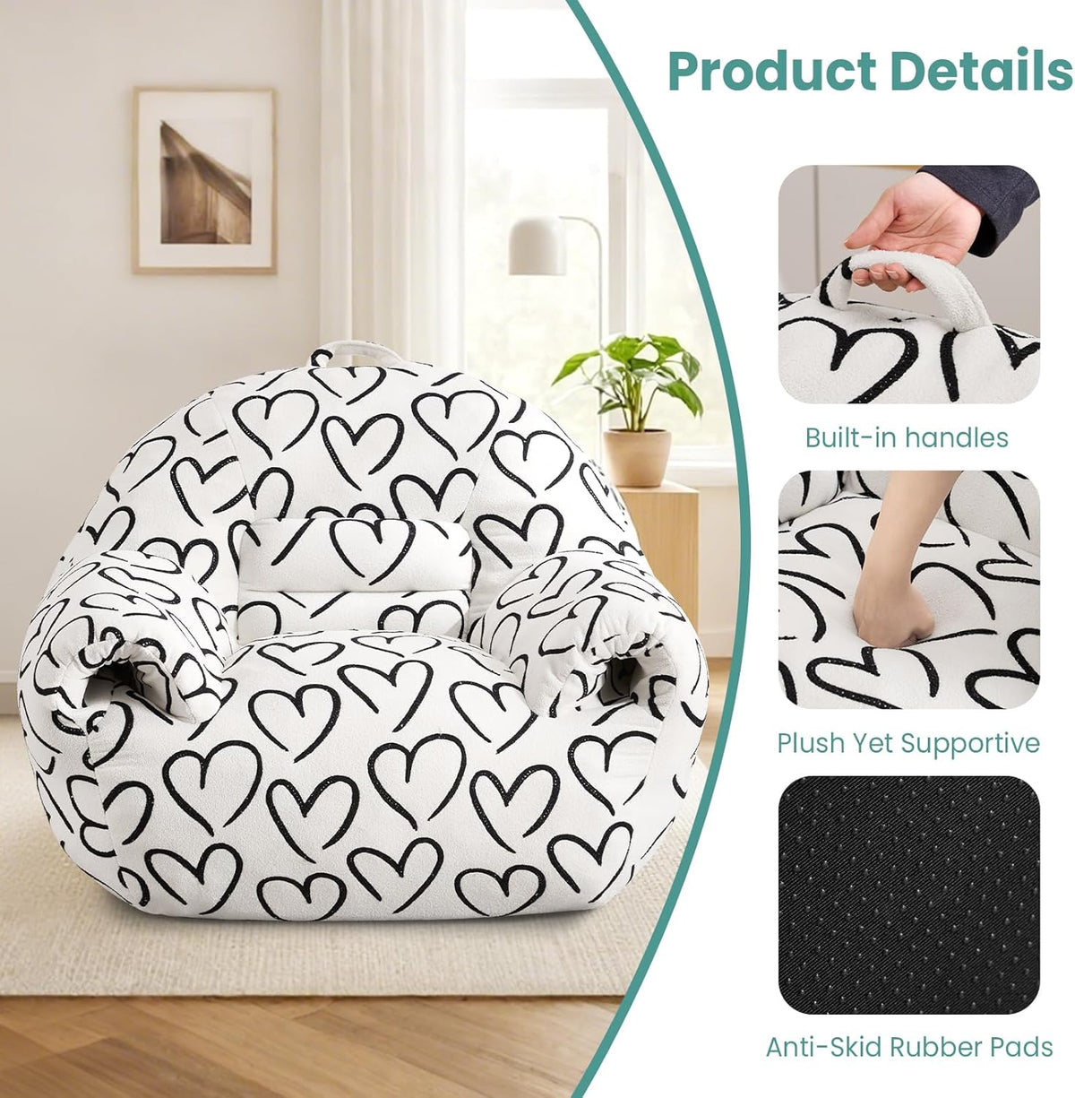 DAICO Bean Bag Chairs for Adults, Comfy Bean Bag Sofa Chair with Handle, Single Lazy Floor Sofas Accent Chair with Foam Bean Bag Couch for Living Room Bedroom Reading Gaming, White Cordate
