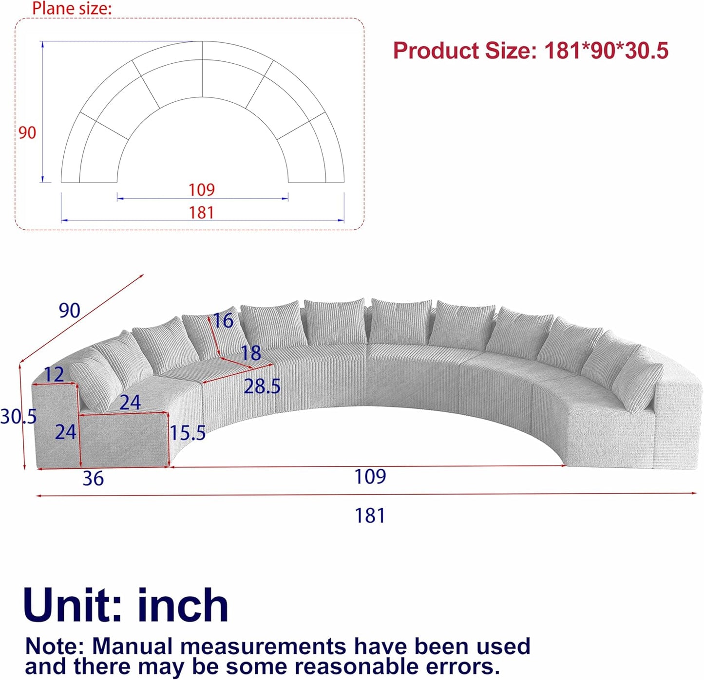 KEIKI Corduroy Curved Sectional Sofa, 6 Seater Symmetrical Modular Semi Circular Couch, Deep Seat Tufted Corner Sofa for Living Room, Lobby, Beige