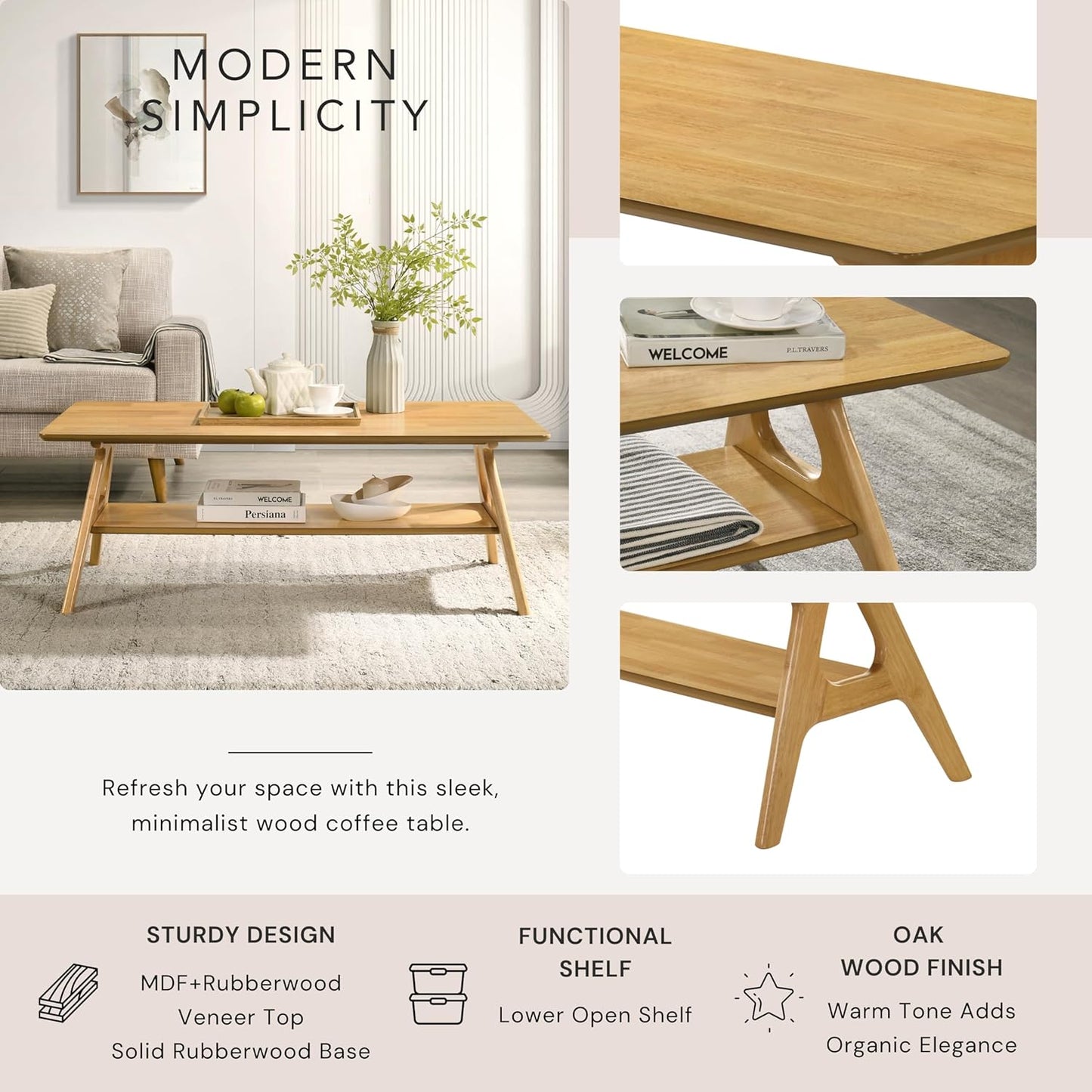 Roundhill Furniture Arona Mid-Century Modern Wood Shelf Coffee Table, Natural Oak Finish