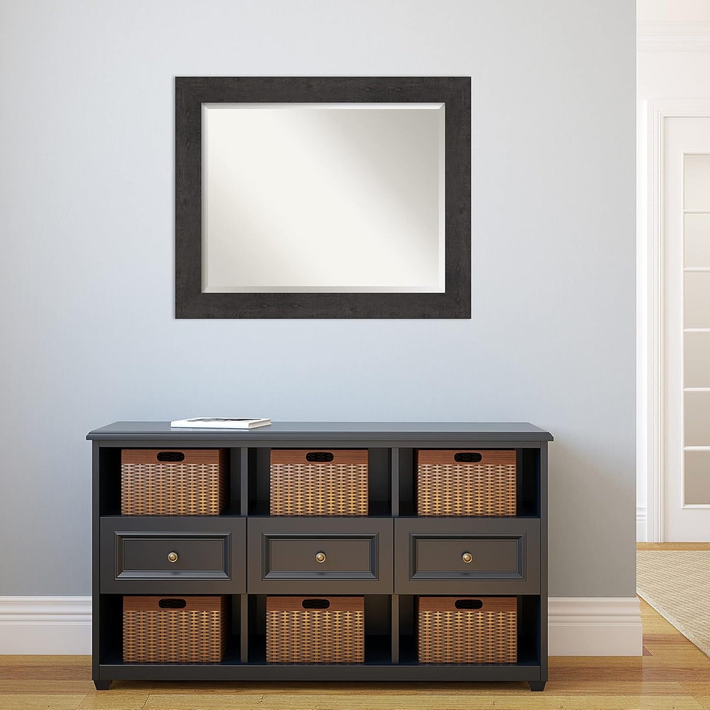 Amanti Art Brown Wall Mirror 28x34 Rustic Plank Espresso Rectangle Bathroom Mirror for Wall Decor Living Room, Large Rustic Farmhouse Frame, Hangs Horizonally and Vertically, Bathroom Decor, Beveled